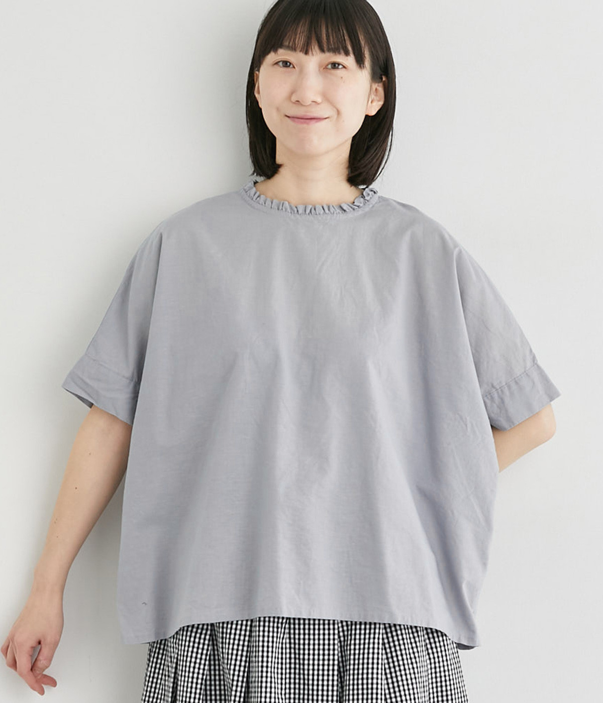 コットンリネンボイル製品洗いフリル襟プルオーバー(ブルーグレー-ONESIZE)