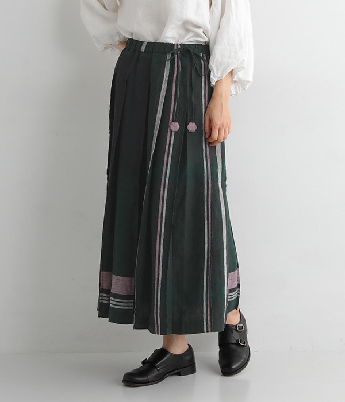 リネンパネルチェックステッチプリーツスカート(ダークグリーン-ONESIZE)