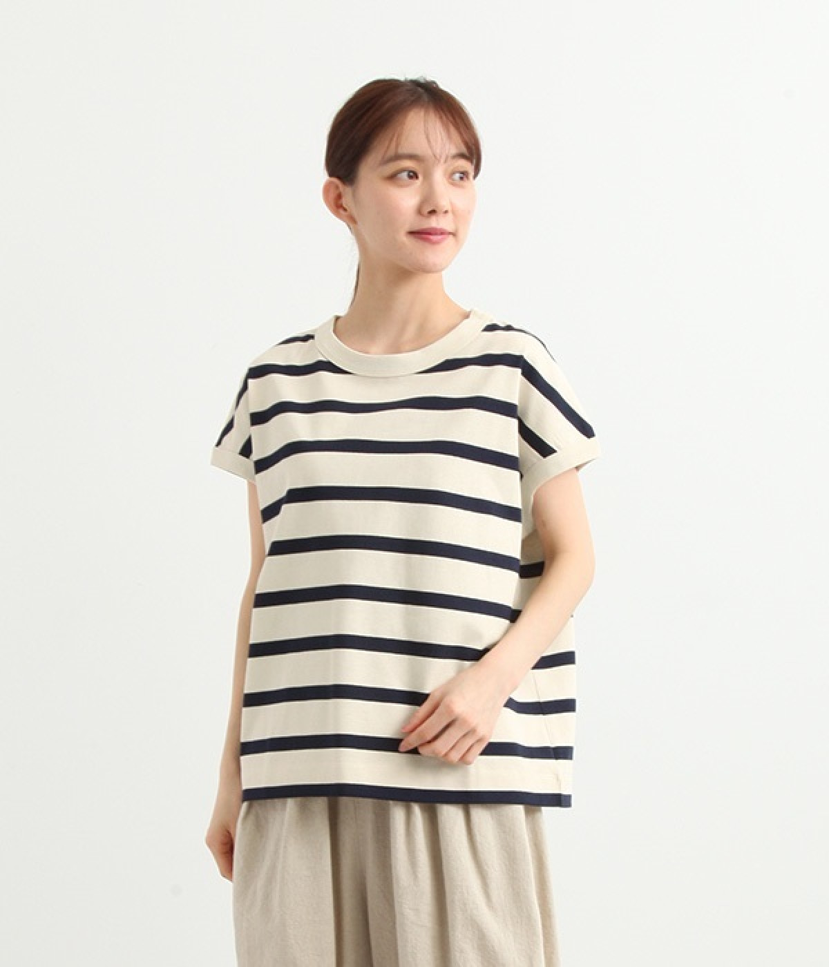 USコットンフレンチスリーブTシャツ(キナリ×ネイビー-ONESIZE)