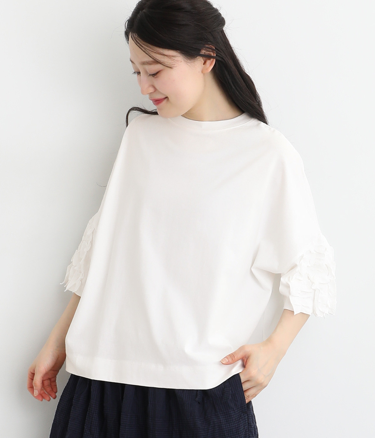 USコットンフリル5分袖Tシャツ(オフホワイト-ONESIZE)