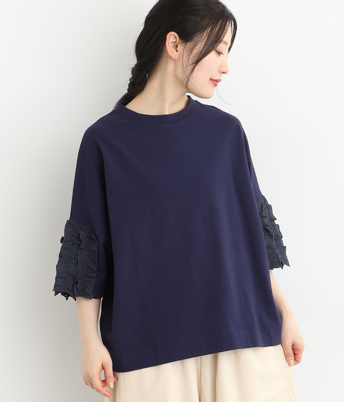 USコットンフリル5分袖Tシャツ(ダークブルー-ONESIZE)