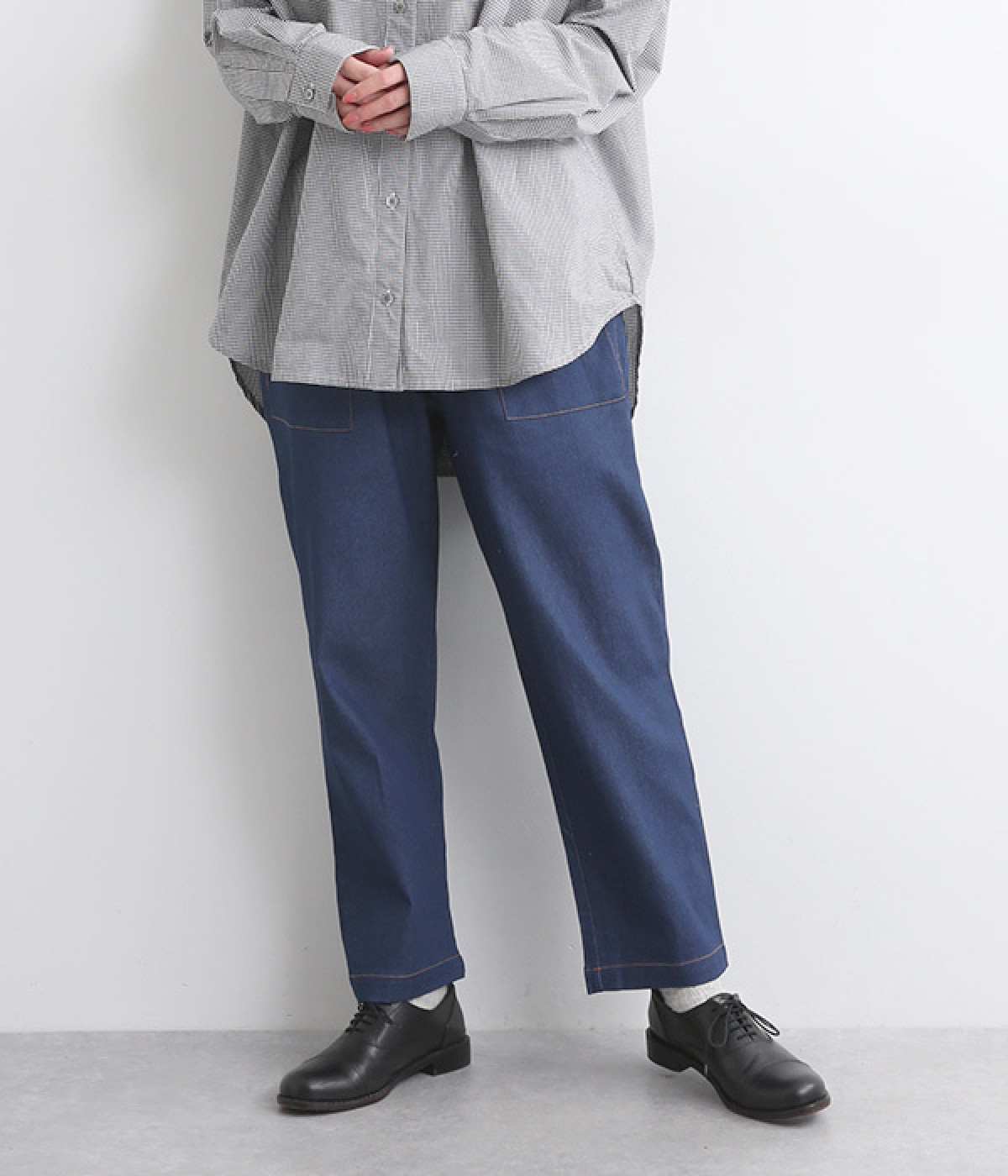ストレッチデニム ベイカーポケットパンツ(ブルー-ONESIZE)