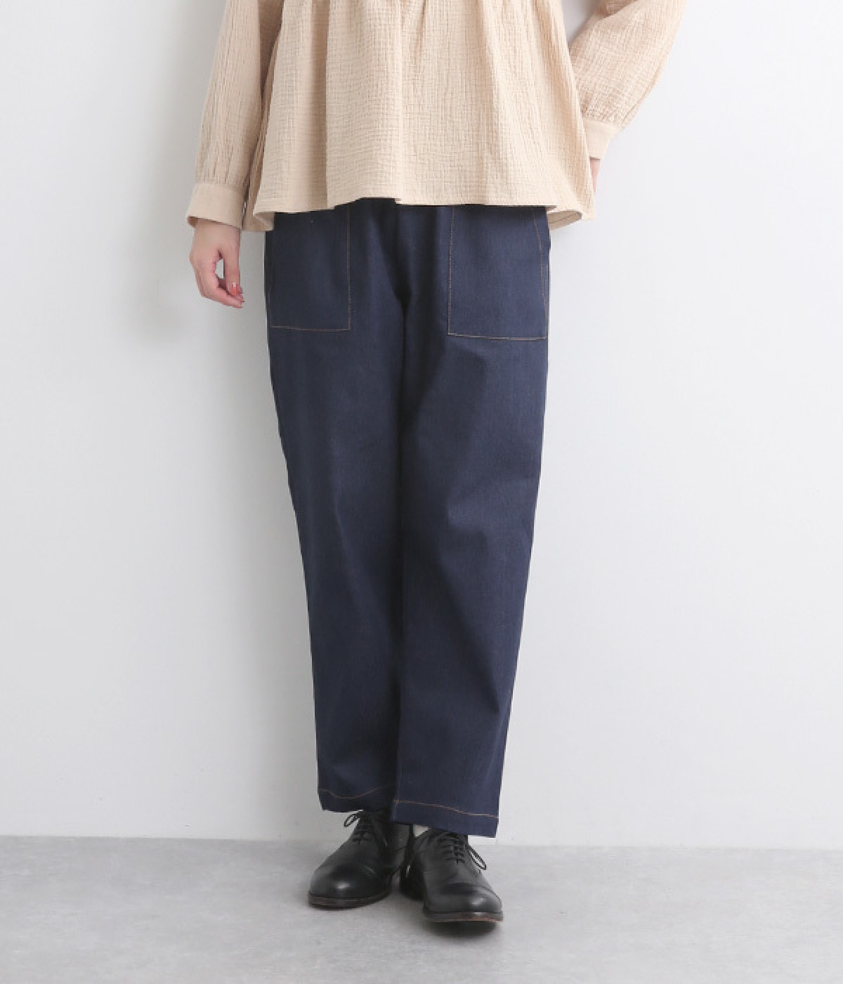 ストレッチデニム ベイカーポケットパンツ(ネイビー-ONESIZE)
