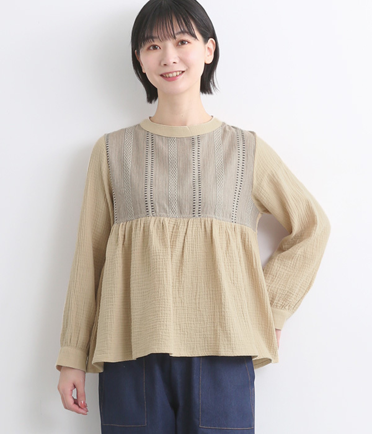 ダブルガーゼ エスニック風切替プルオーバー(ベージュ-ONESIZE)