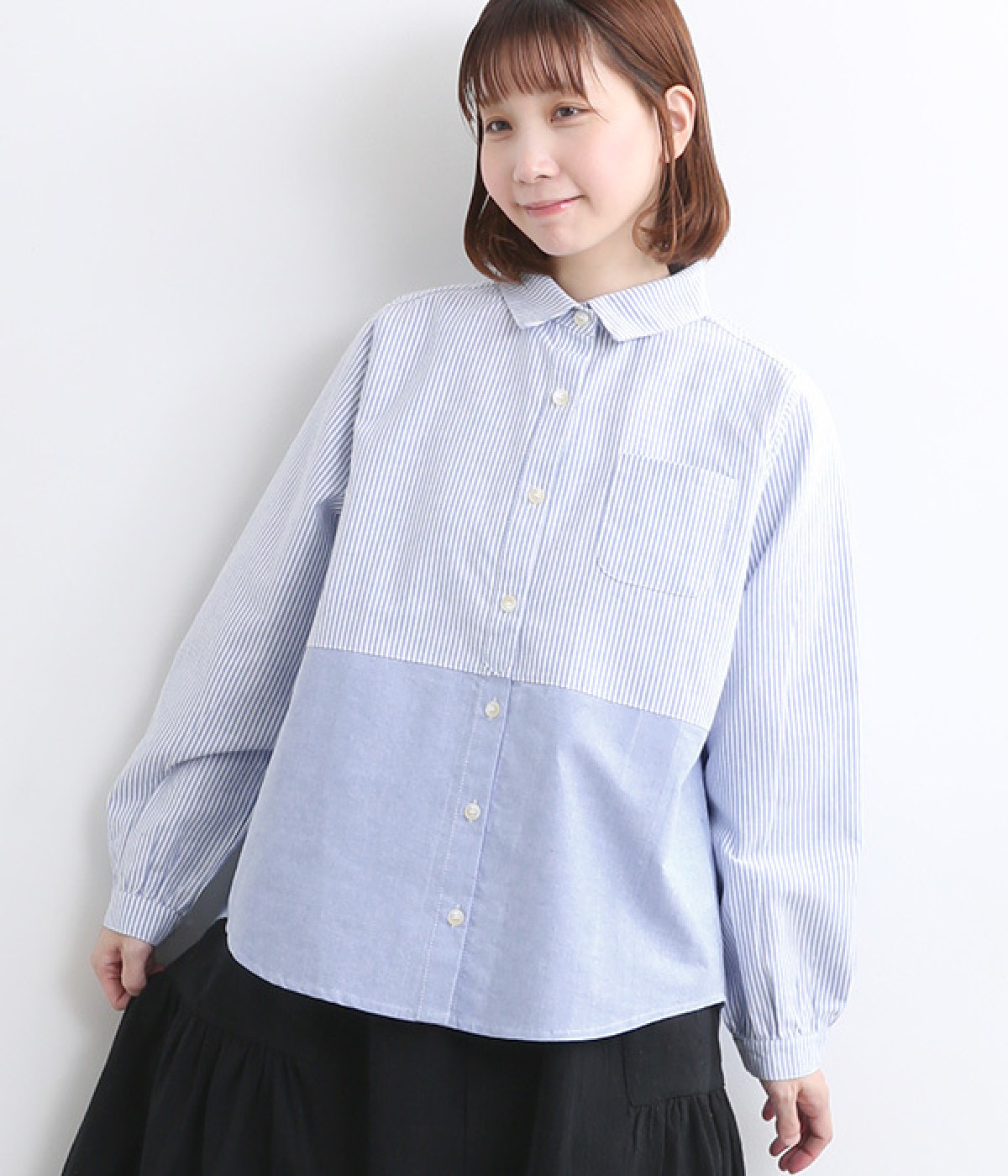 ストライプ×オックス 切り替えシャツ(ブルー-ONESIZE)