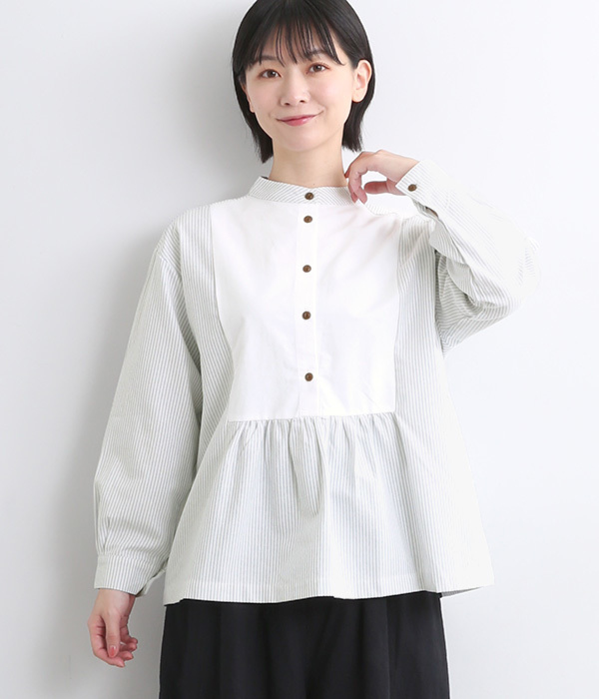 ストライプ×オックス 切り替えギャザープルオーバー(ホワイト-ONESIZE)