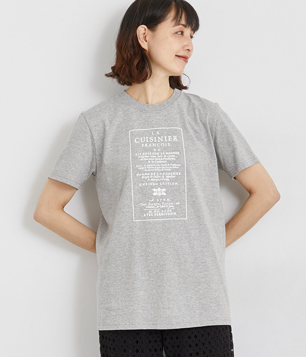 コットン天竺 プリントTシャツ　CUISINIER(杢グレー×ホワイト-L)