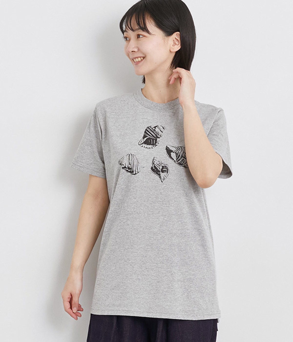 コットン天竺 プリントTシャツ　SHELL(杢グレー×ブラック-L)