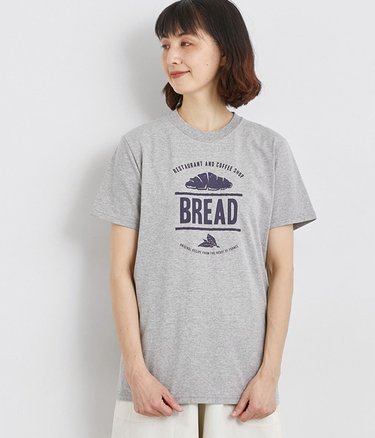 コットン天竺 プリントTシャツ　BREAD(杢グレー×ネイビー-L)