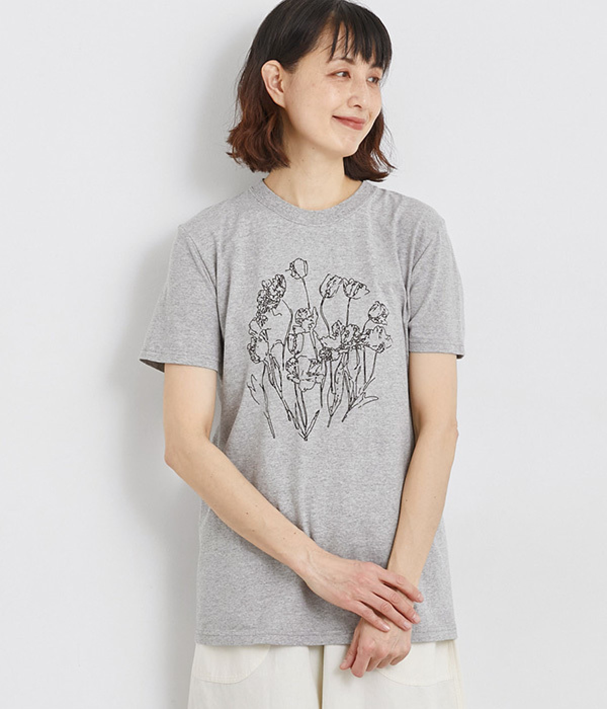 コットン天竺 プリントTシャツ　FLOWER(杢グレー×ブラック-L)