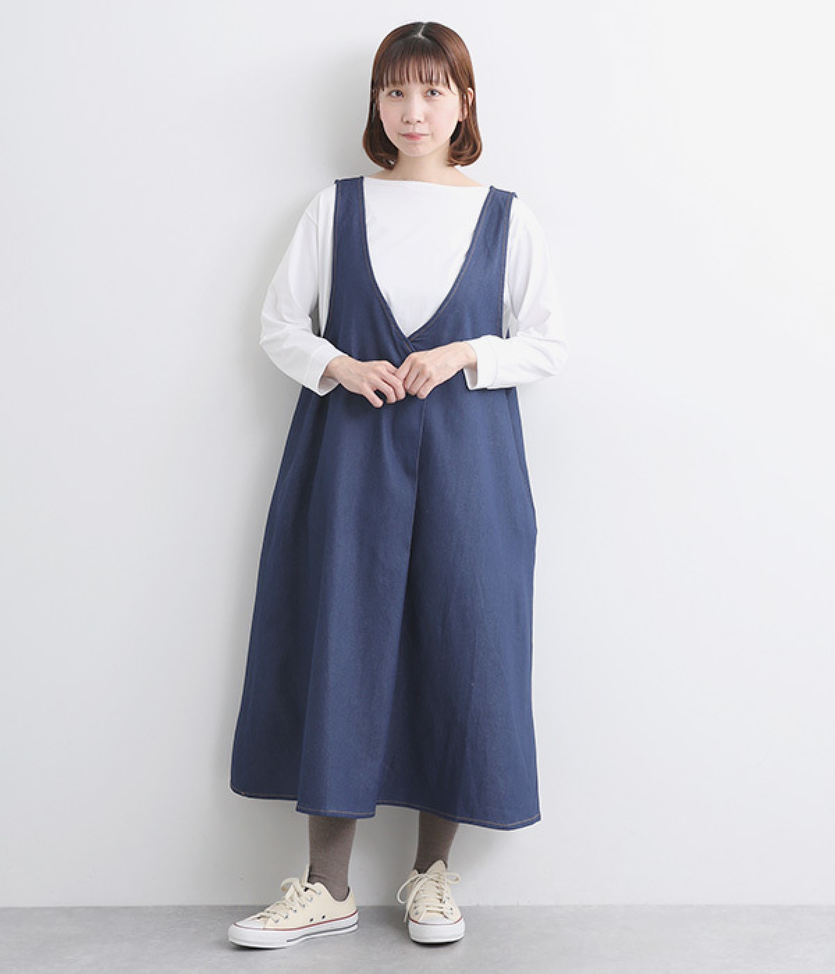 ストレッチデニム ジャンパースカート(ブルー-ONESIZE)
