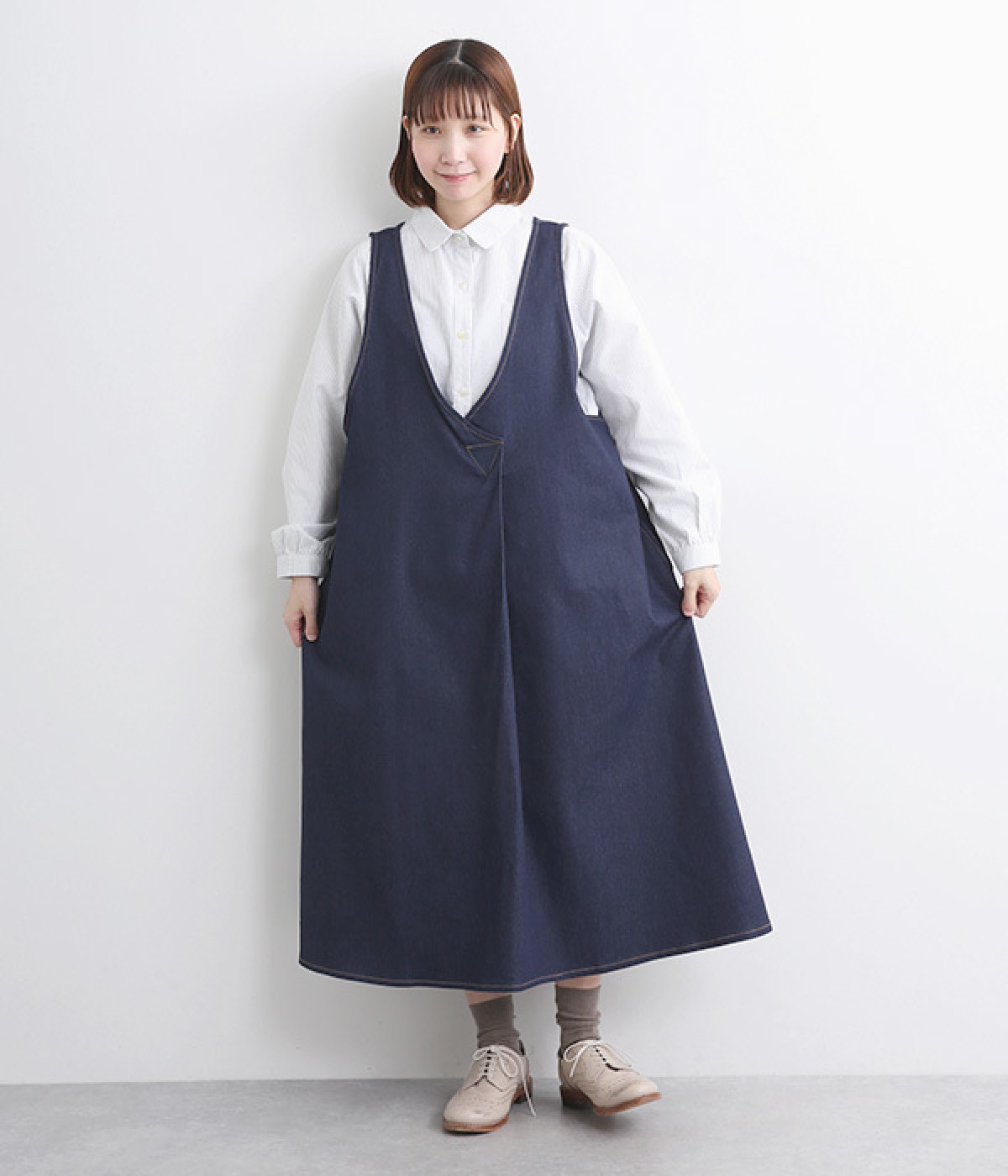 ストレッチデニム ジャンパースカート(ネイビー-ONESIZE)