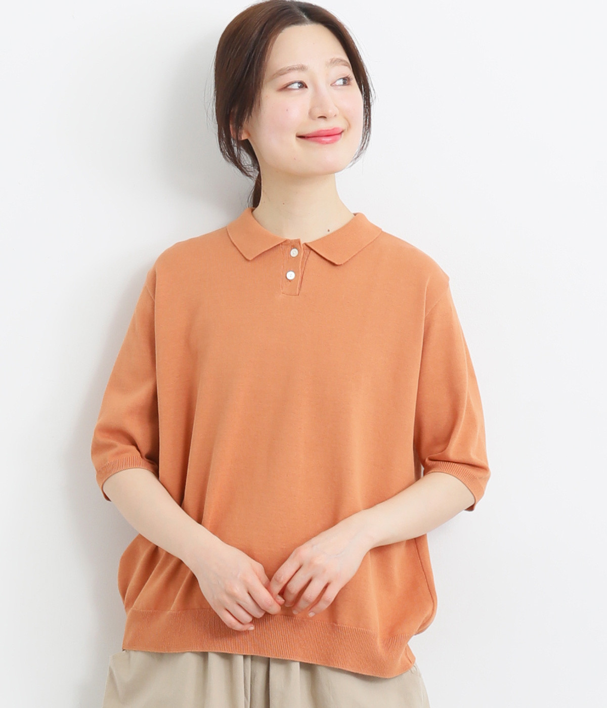 強撚コットン襟付き5分袖プルオーバー(オレンジ-ONESIZE)