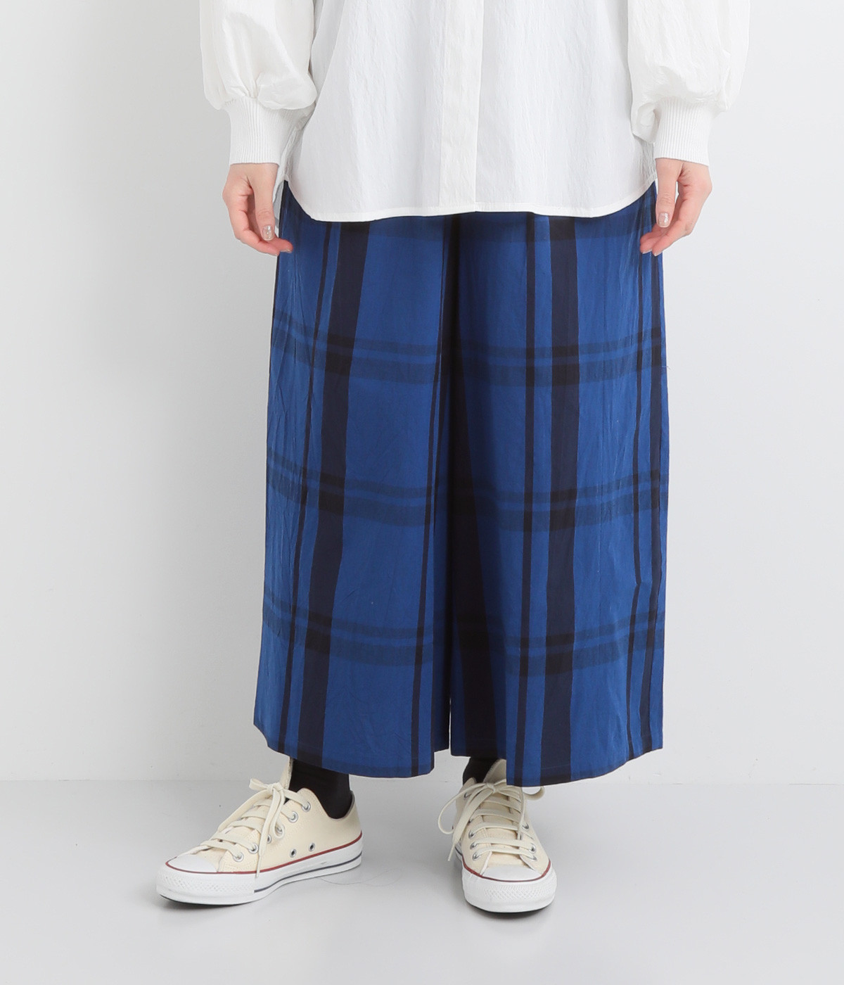 コットン 9分丈ワイドパンツ(ブルーチェック-ONESIZE)