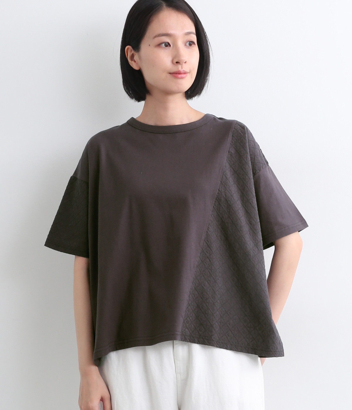 コットン布帛 パッチワーク5分袖Tシャツ(チャコール-ONESIZE)