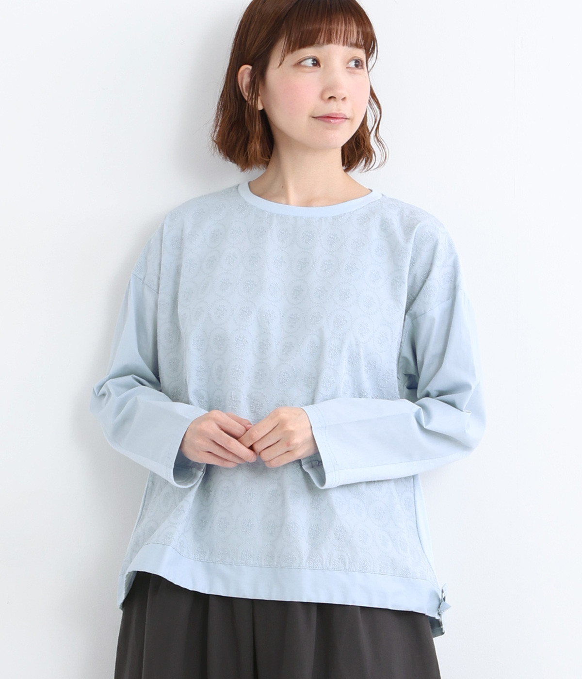 コットン 刺繍ブラウス(ブルー-ONESIZE)