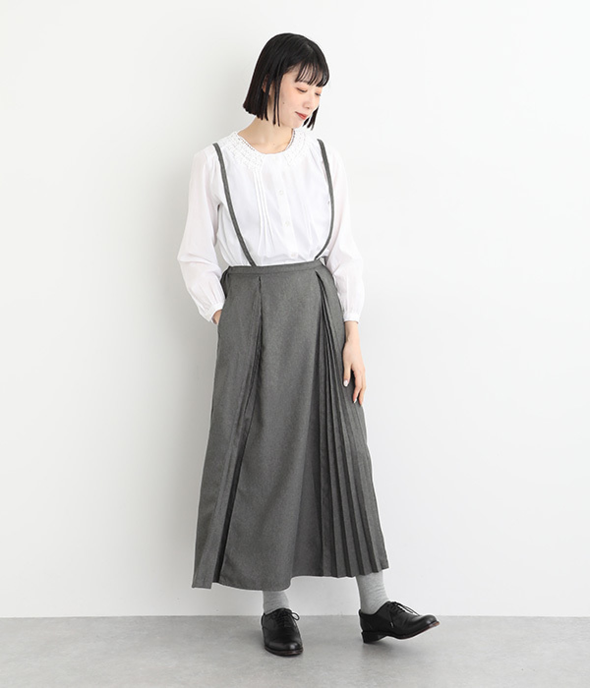 サスペンダー付きプリーツスカート(グレー-L)