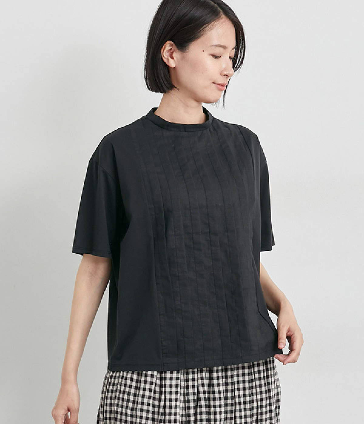 布帛タックハーフスリーブTシャツ(ブラック-L)