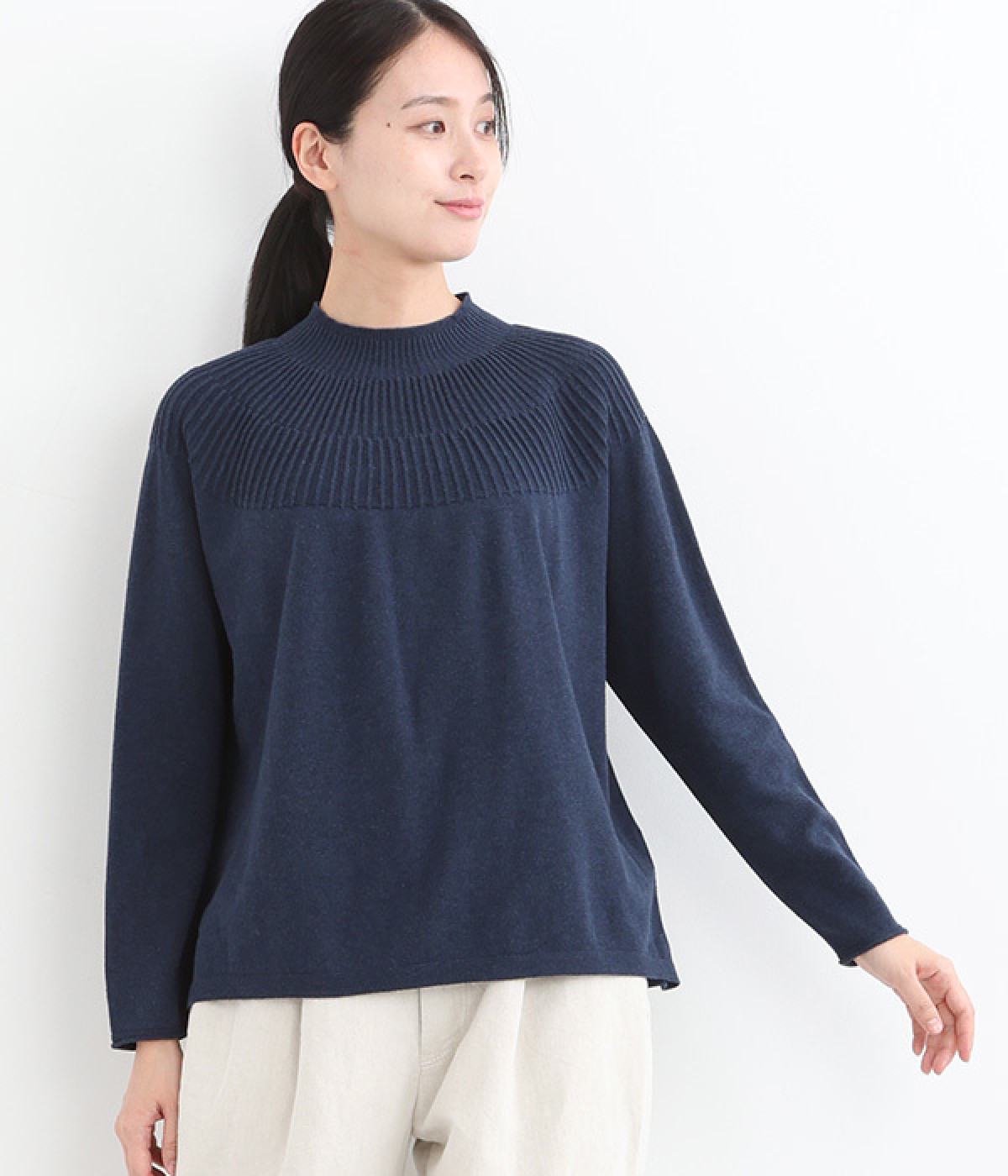 ホールガーメント　求心編モックネックワイドプルオーバー(ネイビー-ONESIZE)