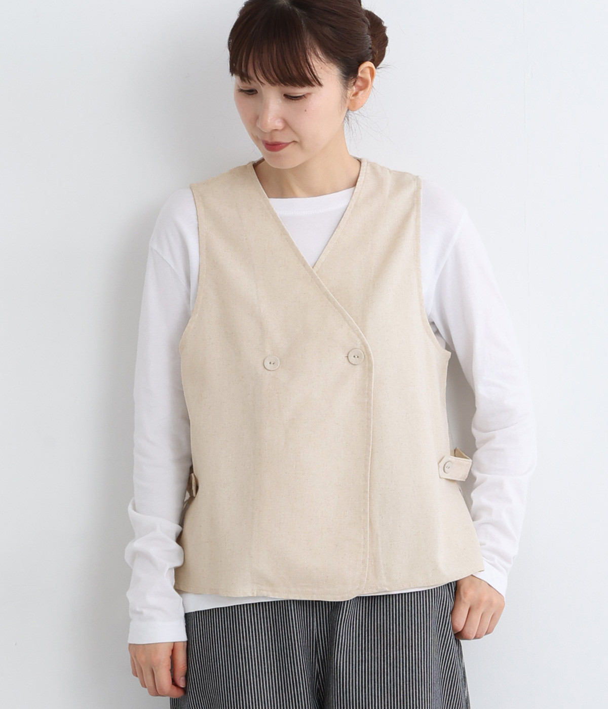 リネンコットン ダブル釦ベスト(ナチュラル-ONESIZE)