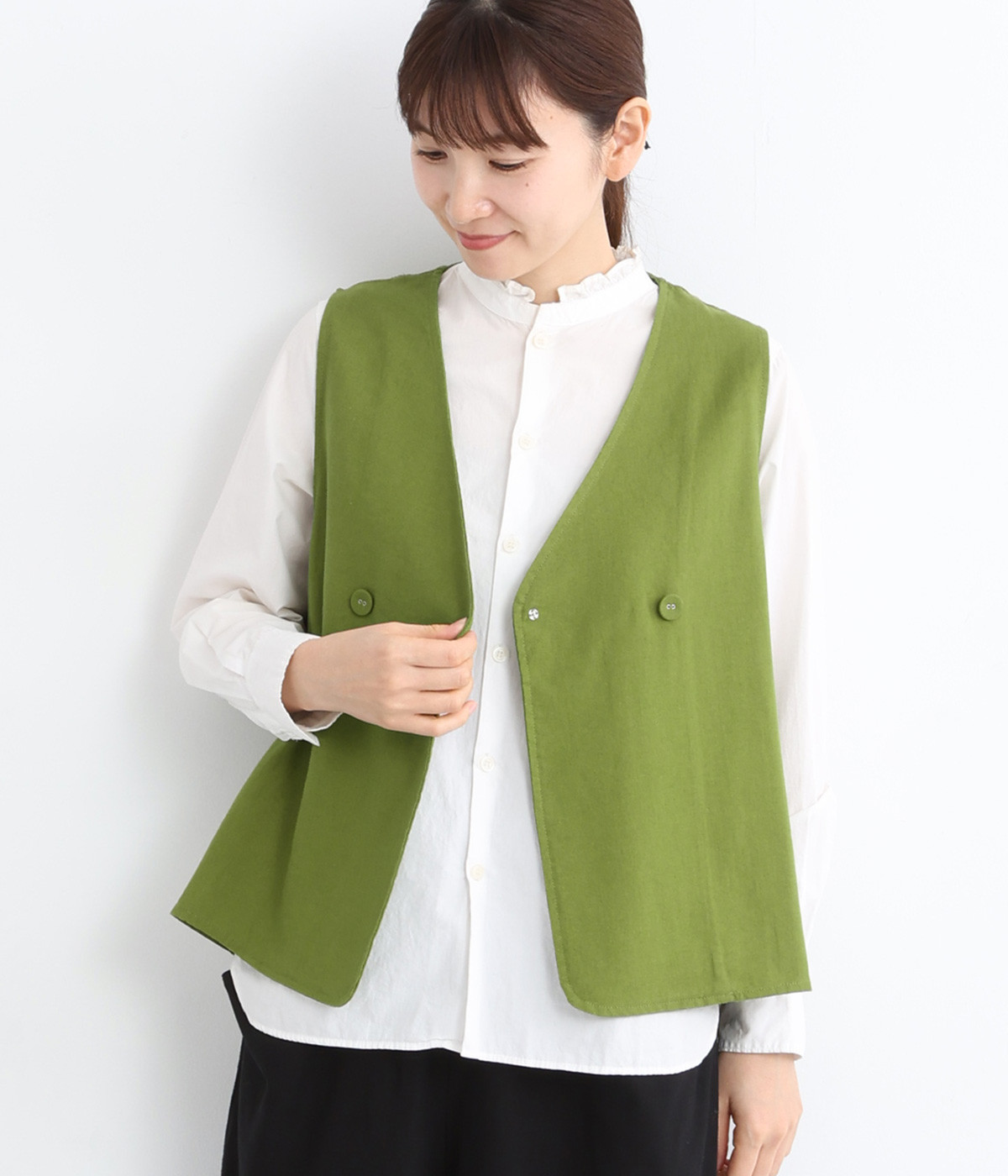 リネンコットン ダブル釦ベスト(グリーン-ONESIZE)