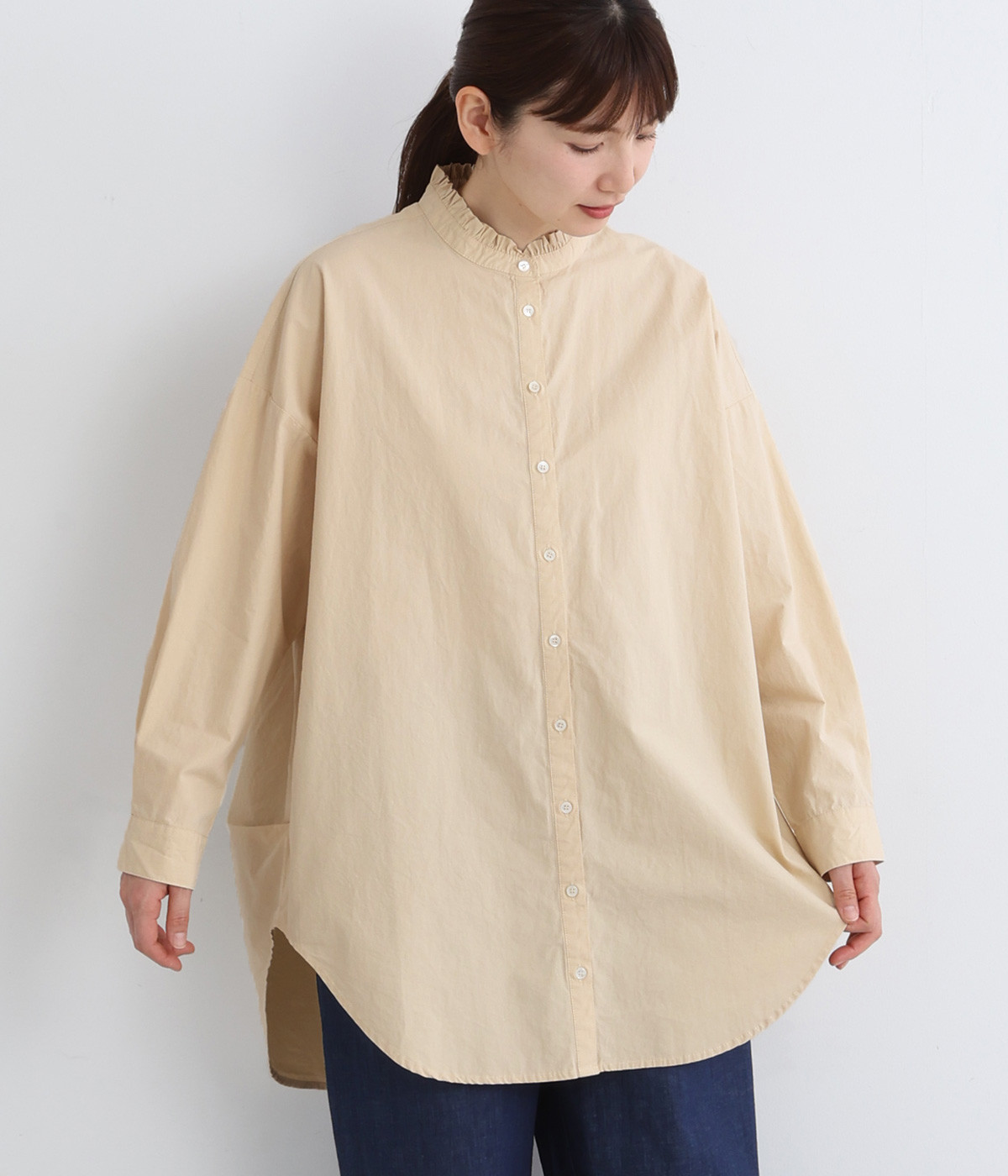 コットンタイプライター　フリル襟シャツ(ベージュ-ONESIZE)