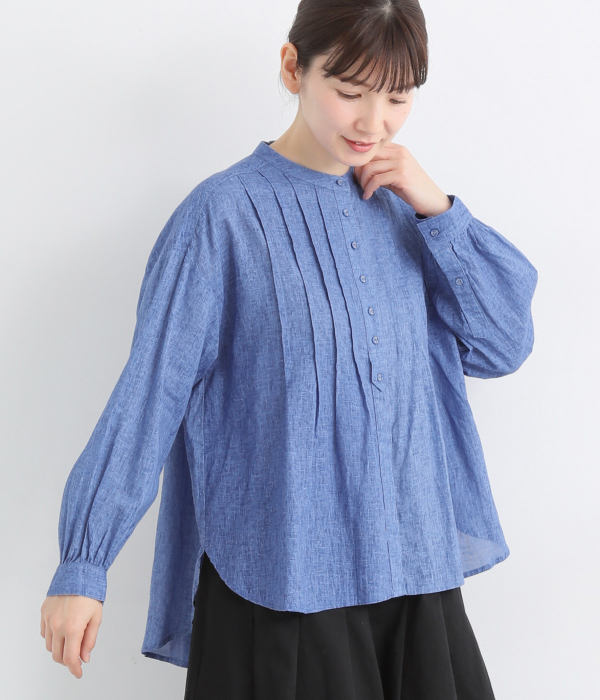 ムラ染めリネン　ピンタックシャツ(ブルー-ONESIZE)