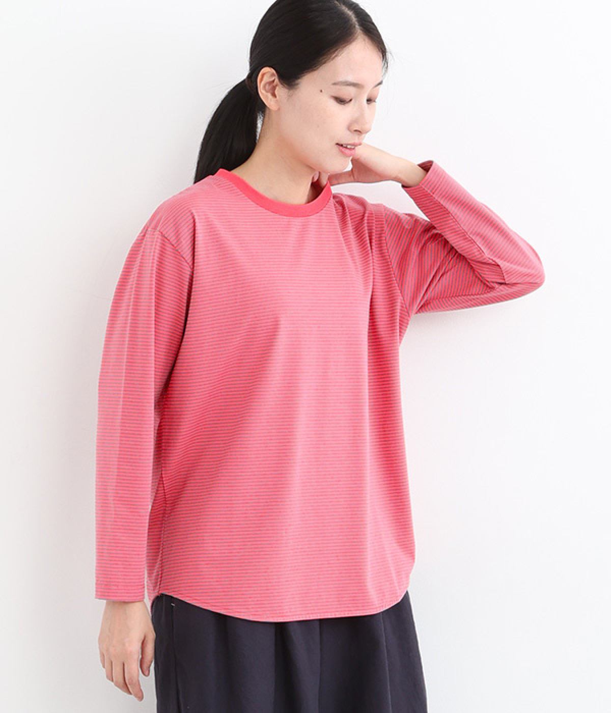 ボーダー長袖Tシャツ(ピンク-ONESIZE)