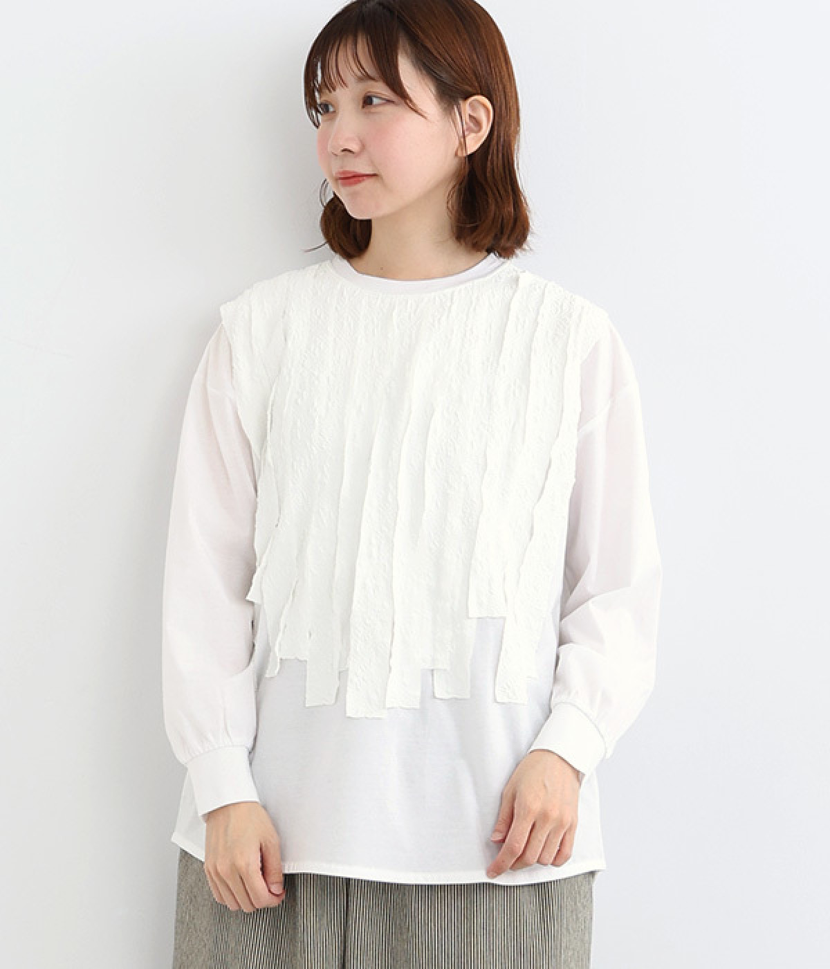 ハイゲージ×チェックシアサッカーロングスリーブTシャツ(オフホワイト-ONESIZE)