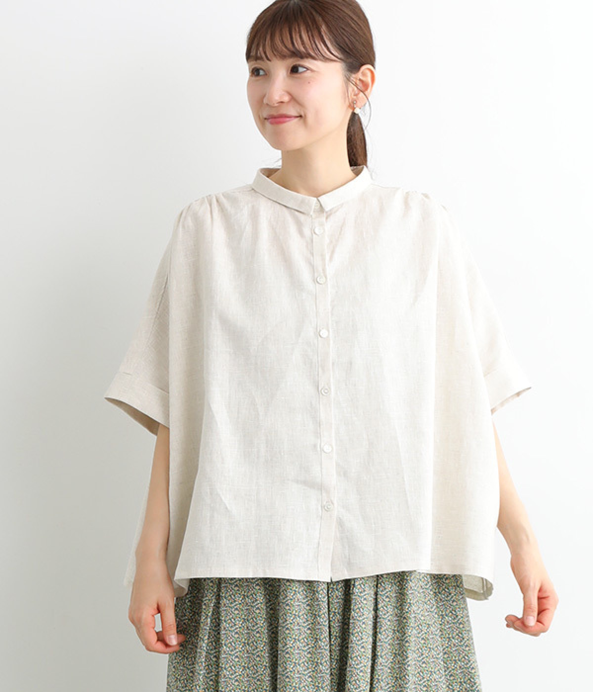 平織りリネン　ちび襟ワイドシャツ(ベージュ-ONESIZE)