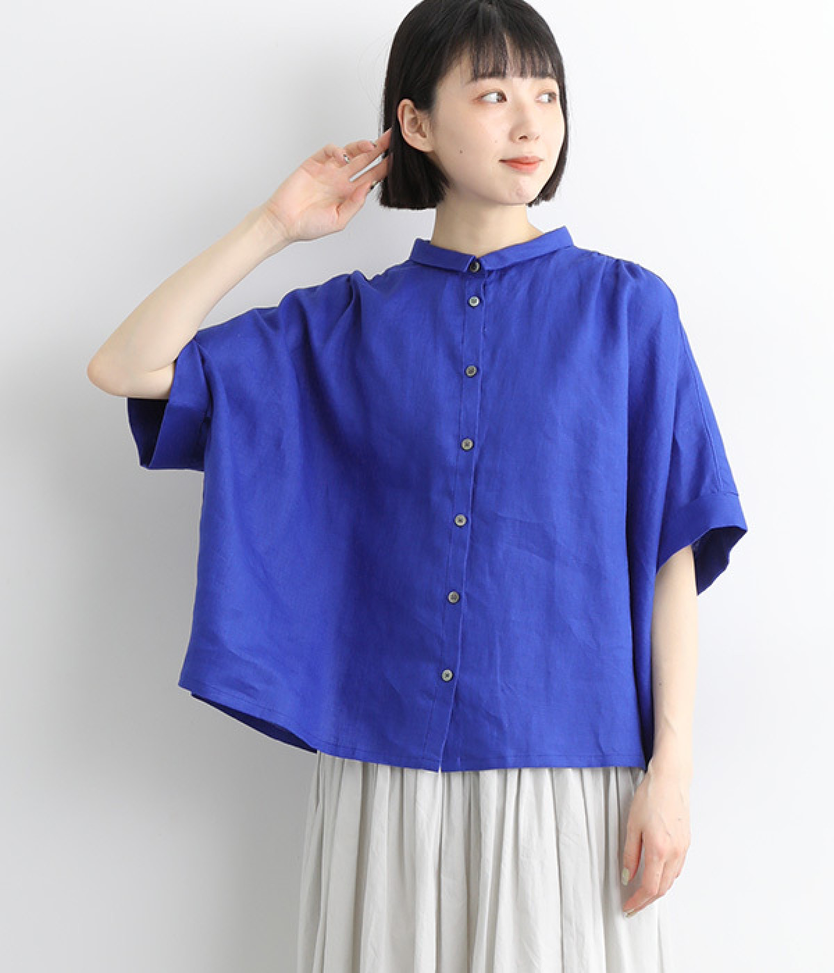 平織りリネン　ちび襟ワイドシャツ(ブルー-ONESIZE)