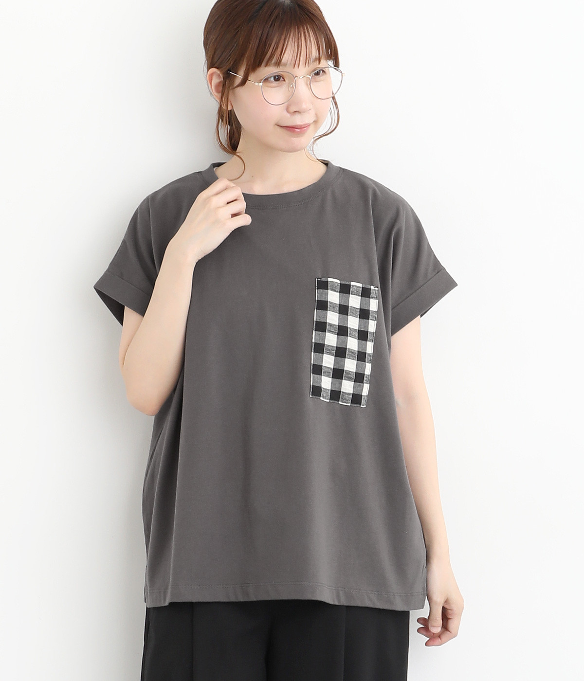 コットンジャージー　チェックポケットTEE(チャコール-ONESIZE)