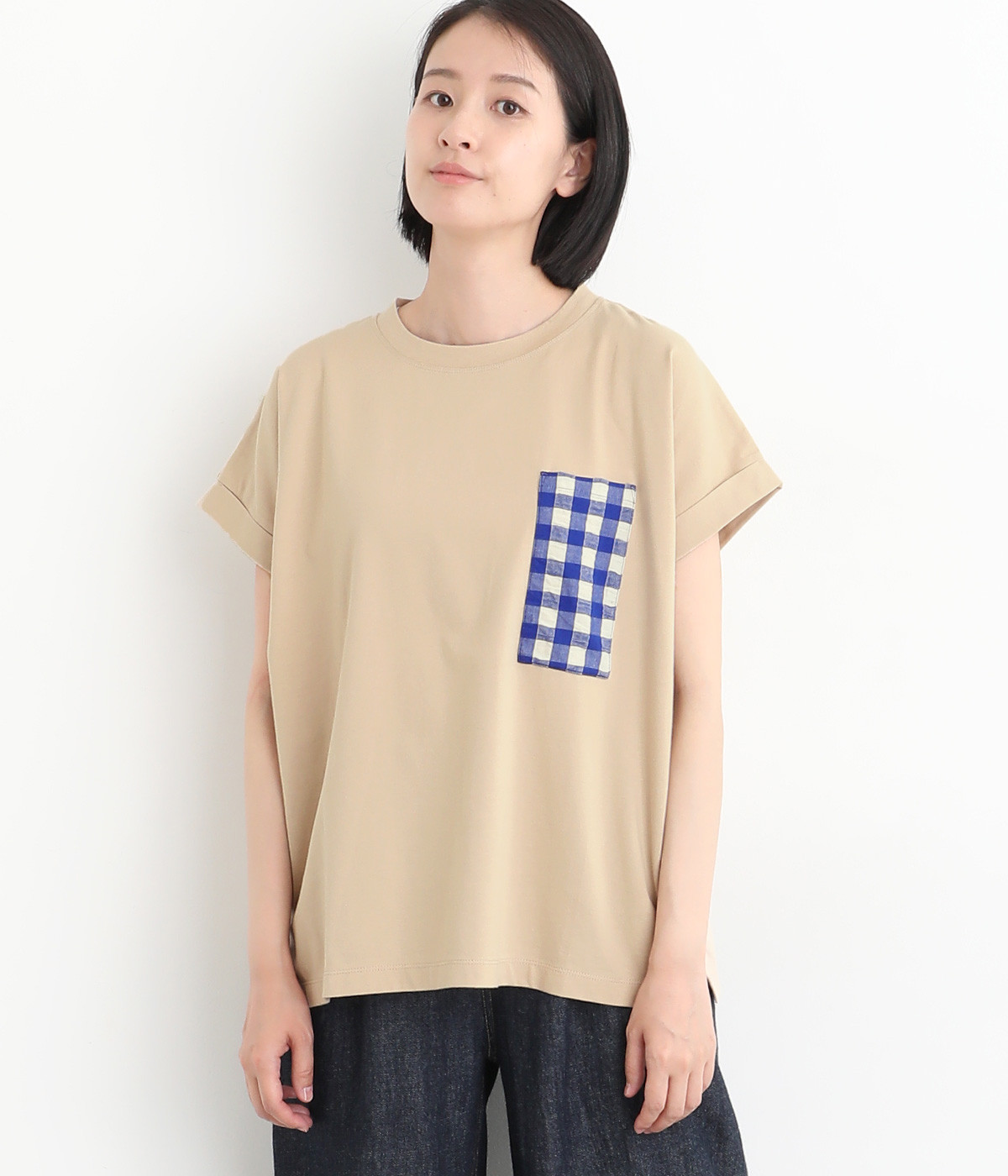 コットンジャージー　チェックポケットTEE(ベージュ-ONESIZE)
