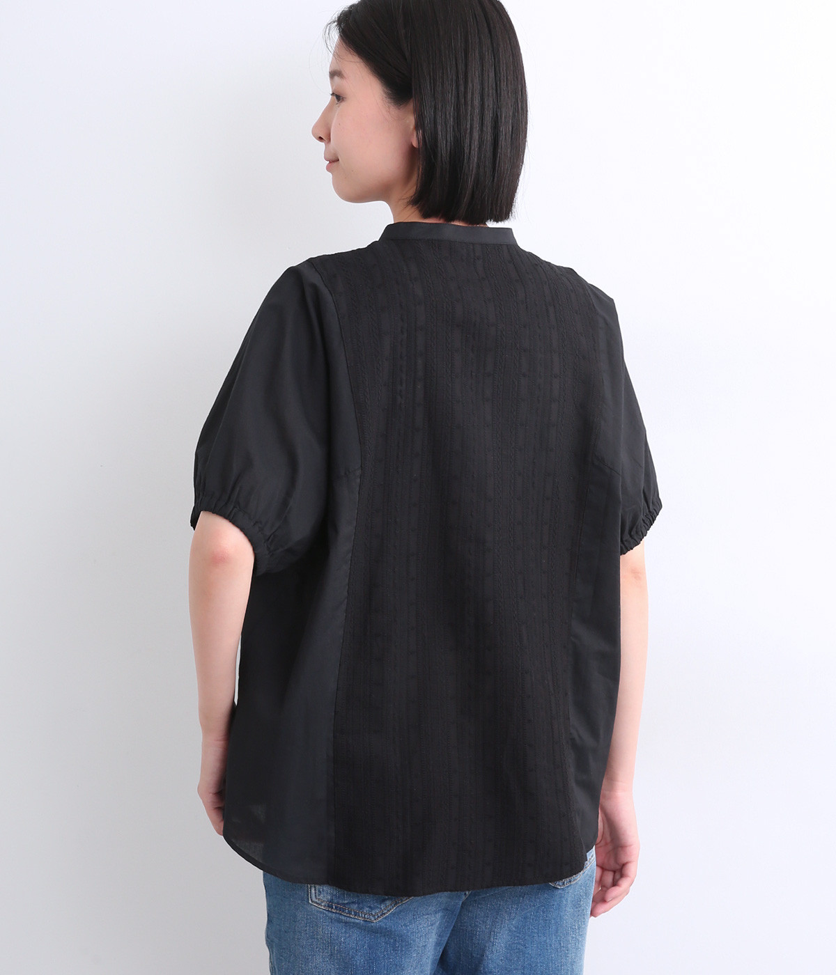 コットン×刺繍レース　異素材切替ブラウス(ブラック-ONESIZE)