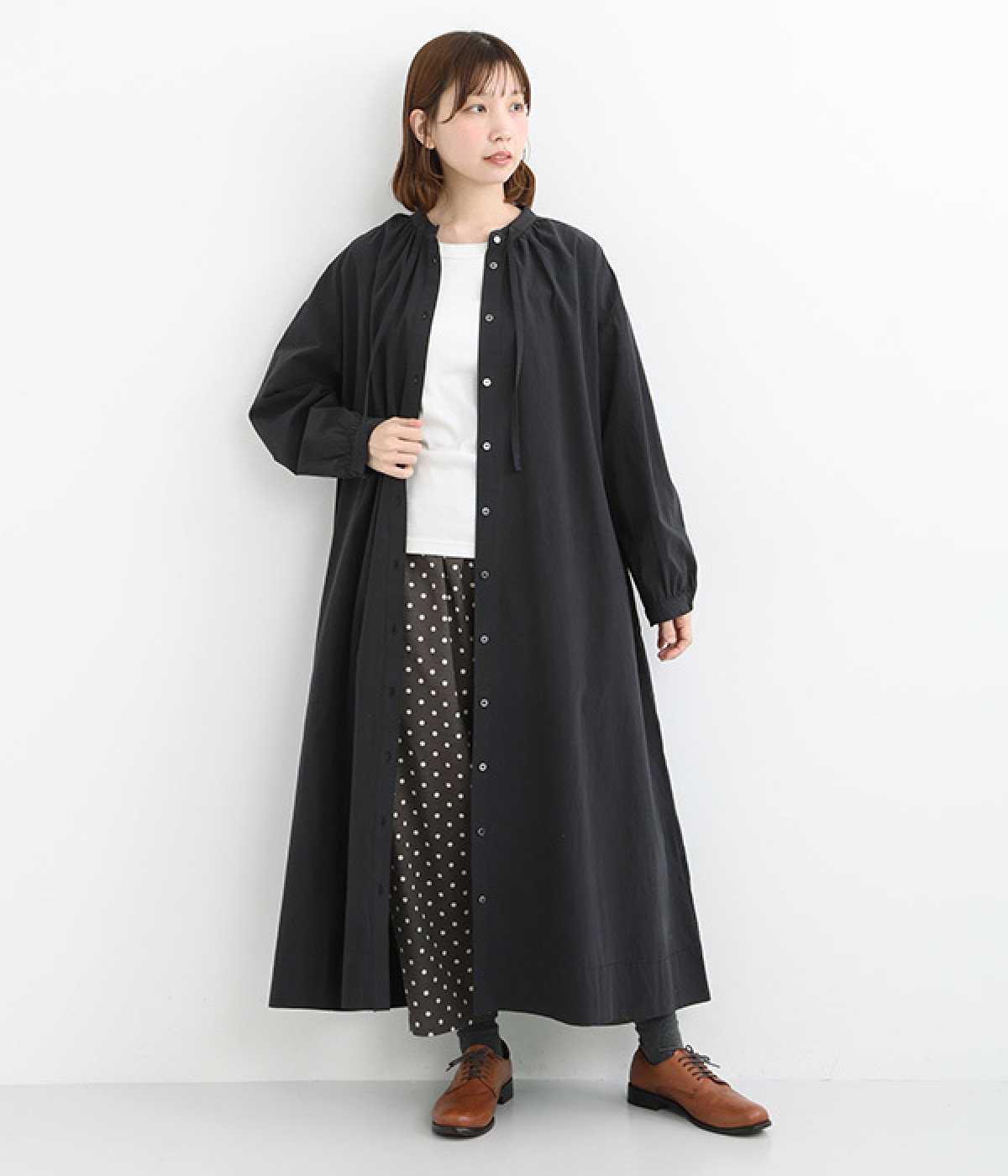 サンドウォッシュ　ネックギャザーワンピース(ブラック-ONESIZE)