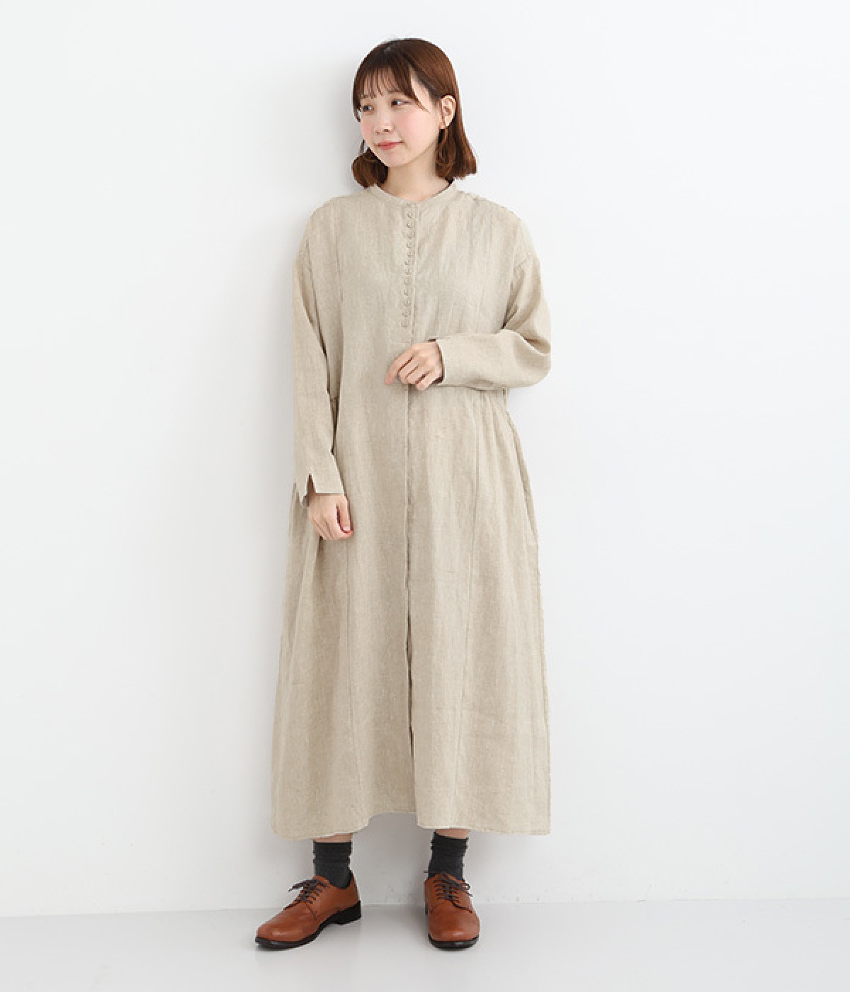 平織リネン　多釦ワンピース(ナチュラル-ONESIZE)