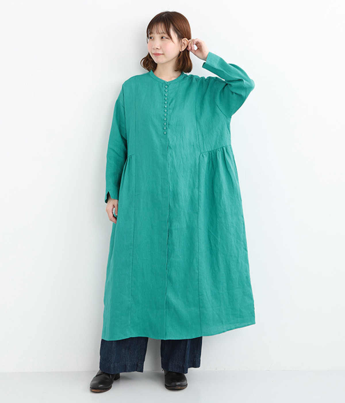 平織リネン　多釦ワンピース(グリーン-ONESIZE)