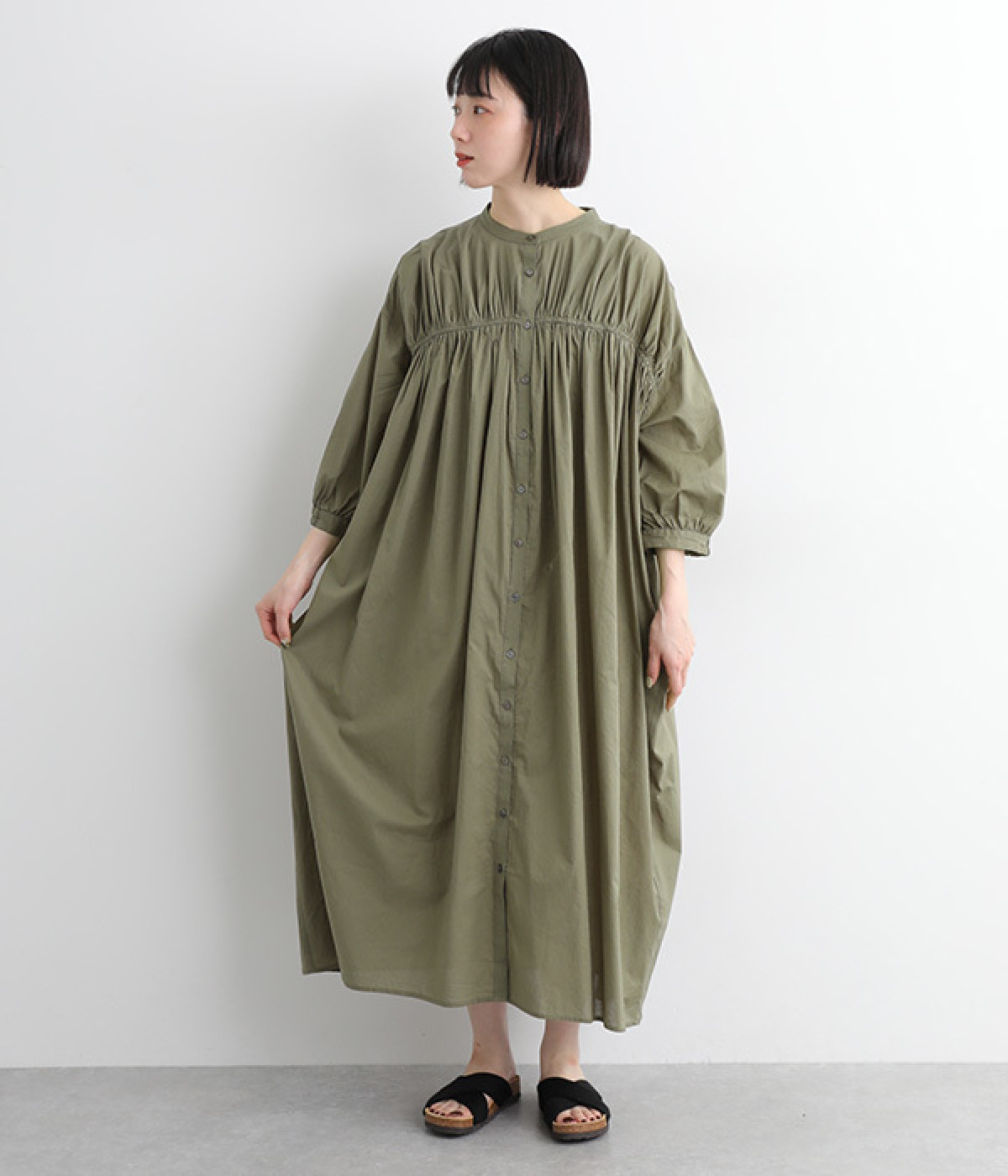コットンローン　たっぷりギャザーワンピース(カーキ-ONESIZE)