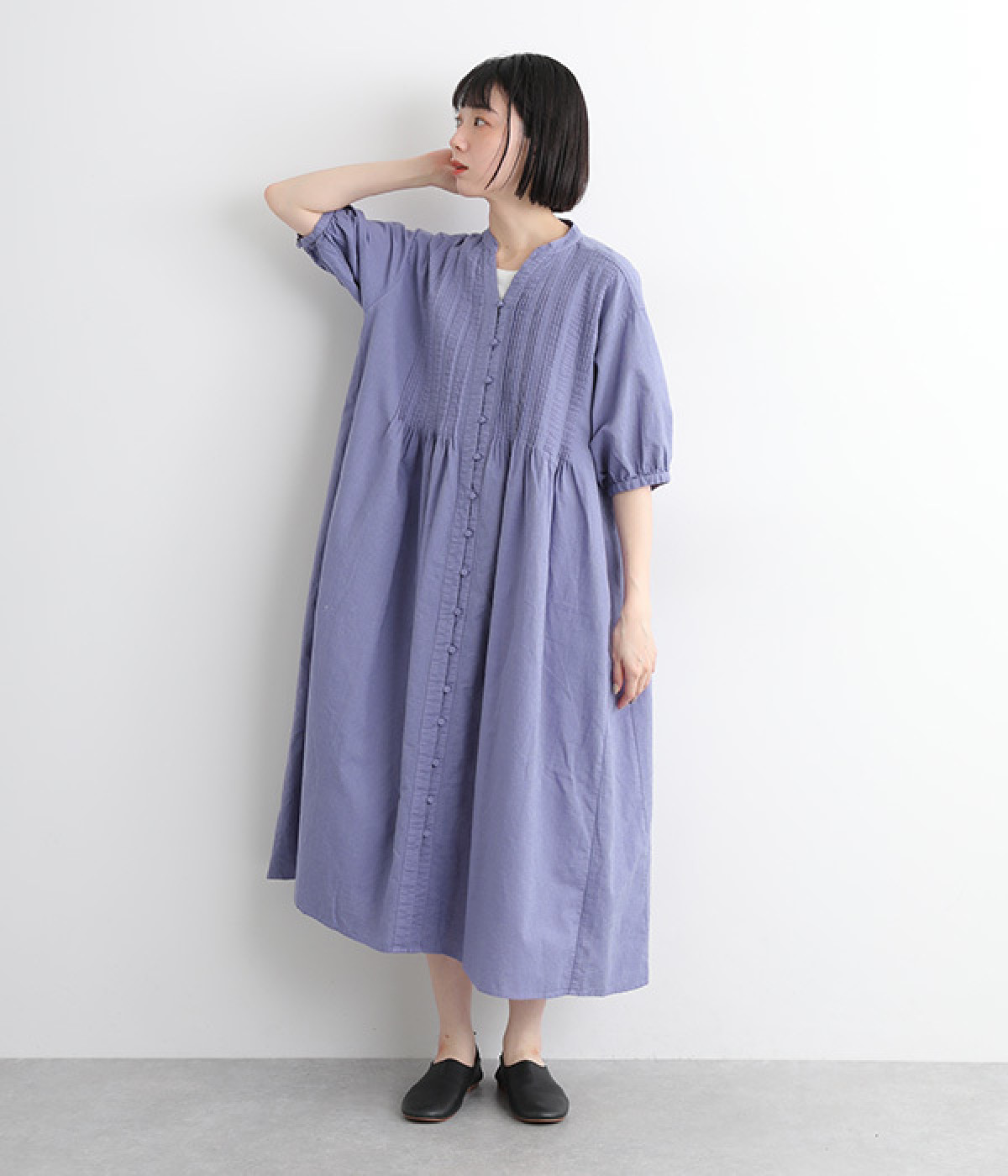 コットンリネンガーゼ　ピンタックワンピース(ブルー-ONESIZE)