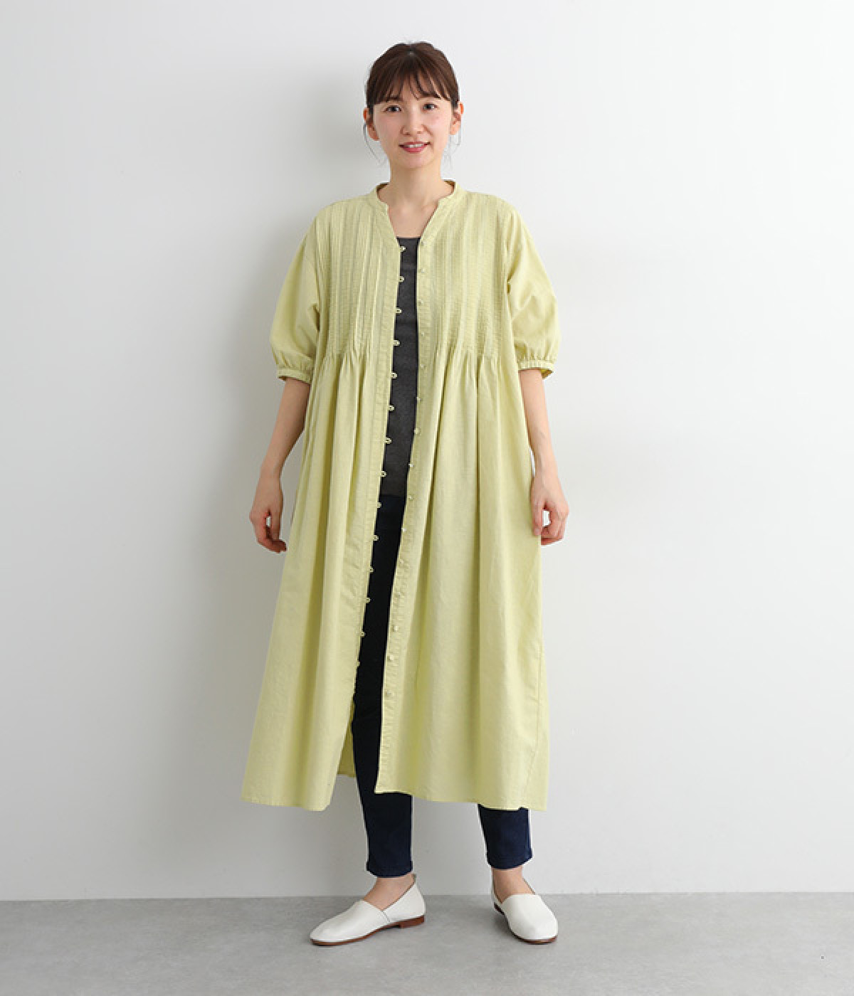 コットンリネンガーゼ　ピンタックワンピース(グリーン-ONESIZE)