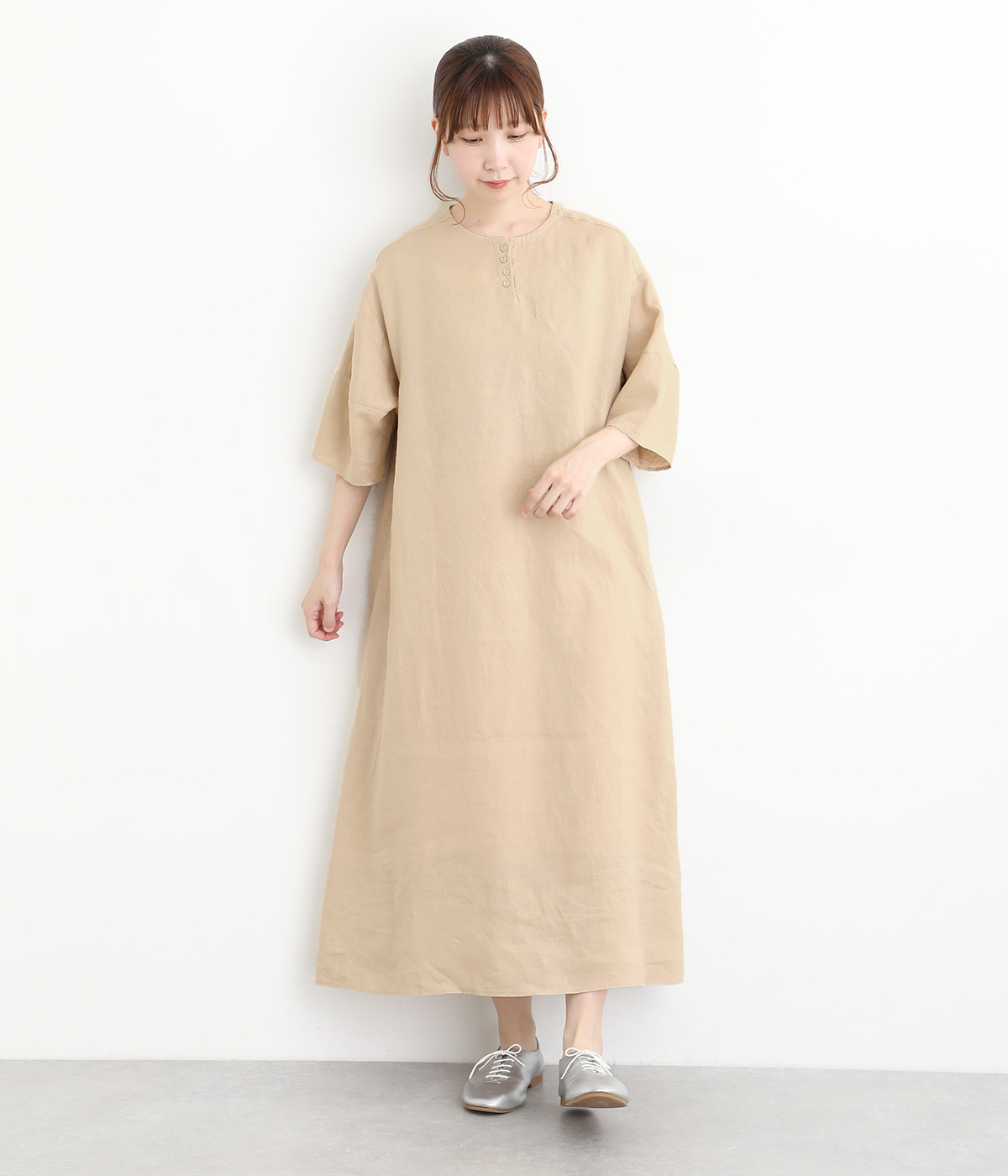 平織リネン　ランタンスリーブワンピース(ナチュラル-ONESIZE)
