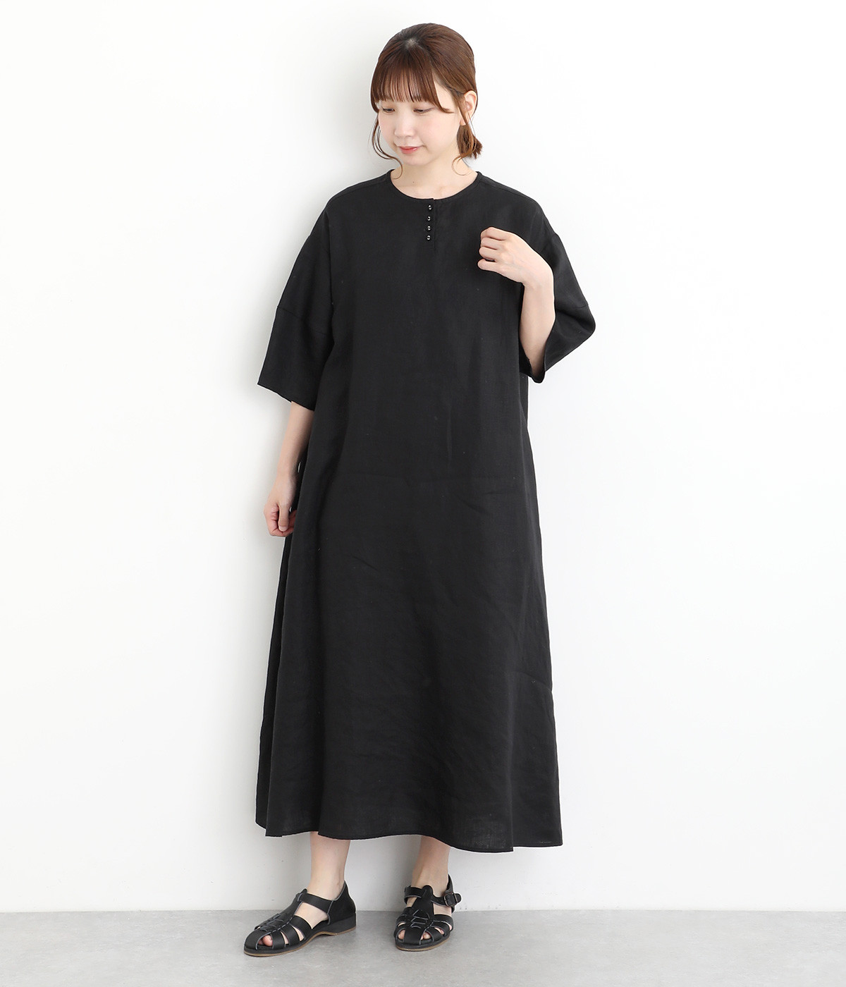 平織リネン　ランタンスリーブワンピース(ブラック-ONESIZE)