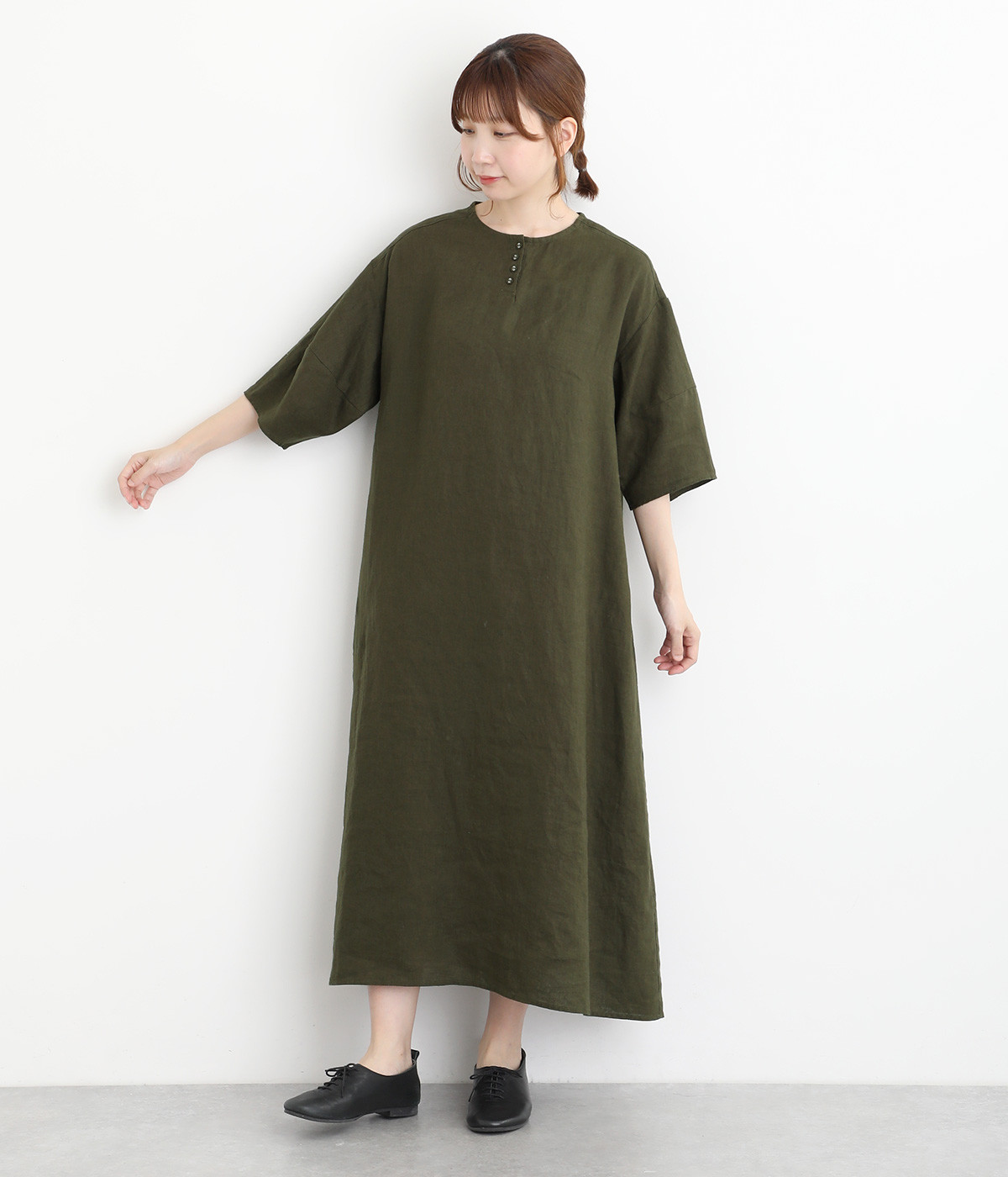 平織リネン　ランタンスリーブワンピース(カーキ-ONESIZE)