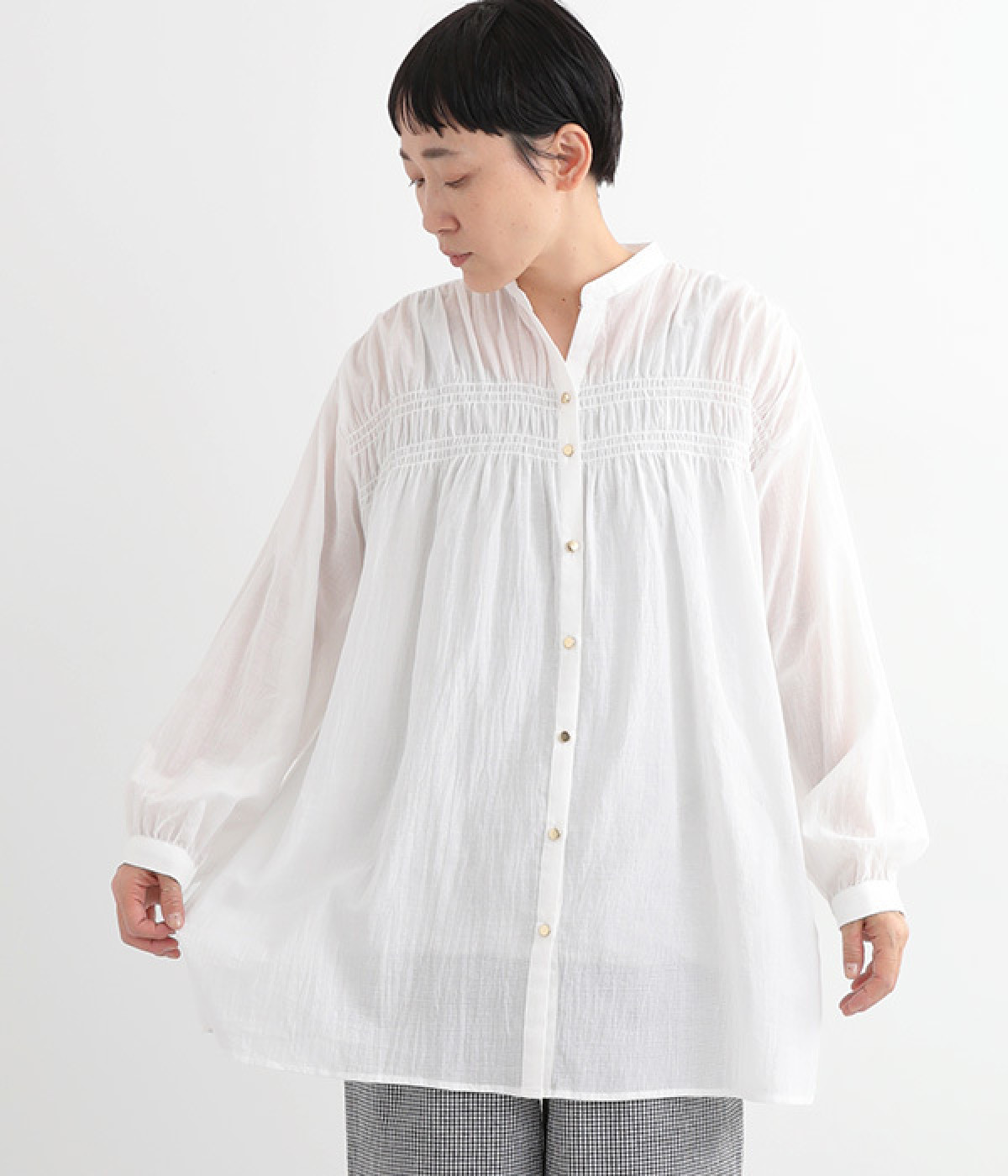 コットン シャーリングスキッパーチュニック(オフホワイト-ONESIZE)