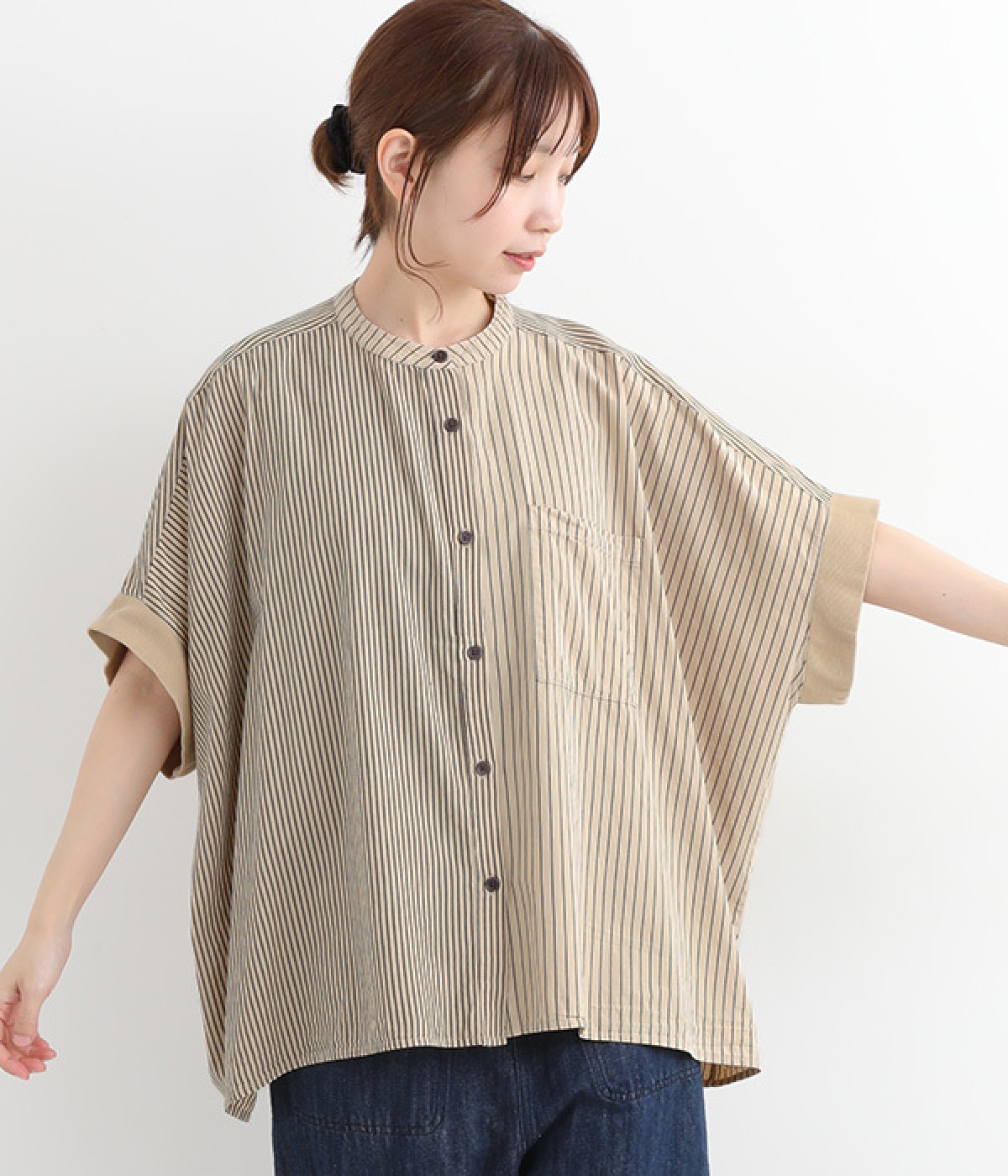 リブストライプ バンドカラードルマンシャツ(ベージュ-ONESIZE)