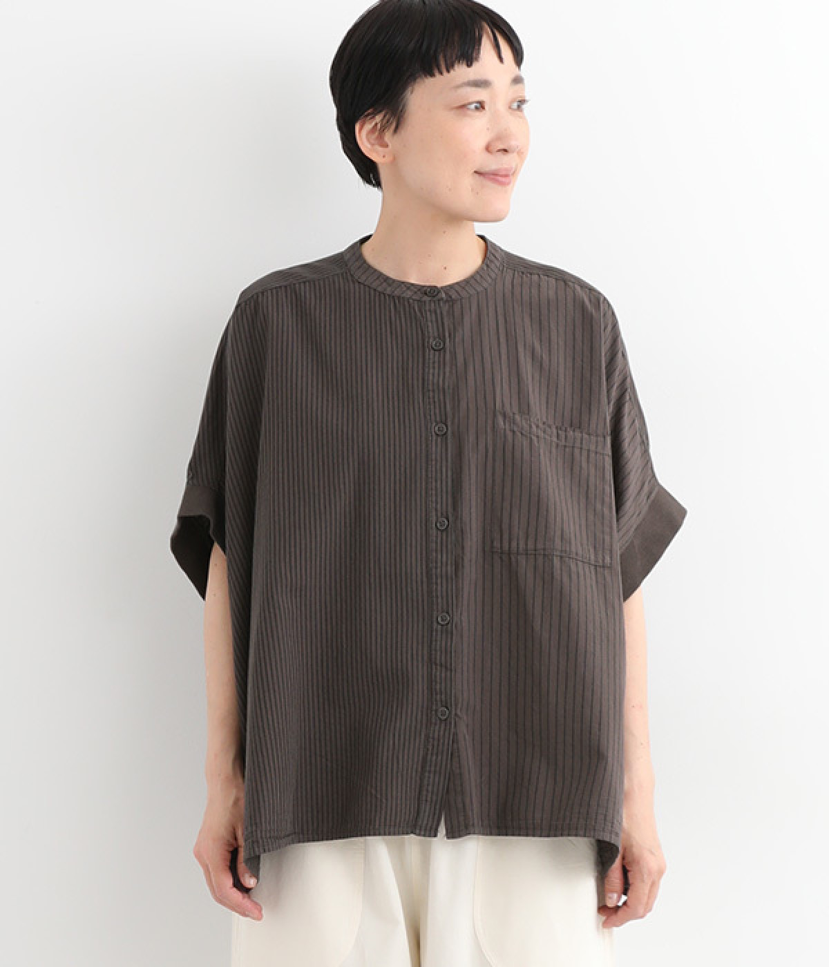 リブストライプ バンドカラードルマンシャツ(チャコール-ONESIZE)