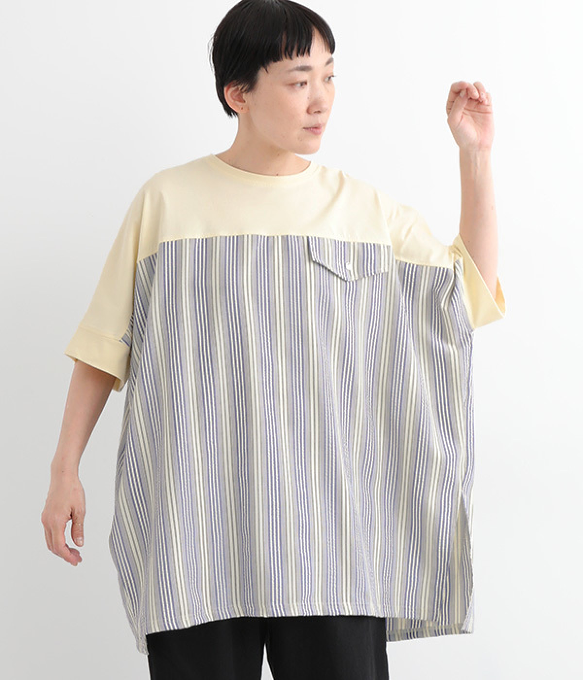 ストライプ切替フラップ付きカットソー(オフ×ブルーストライプ-ONESIZE)