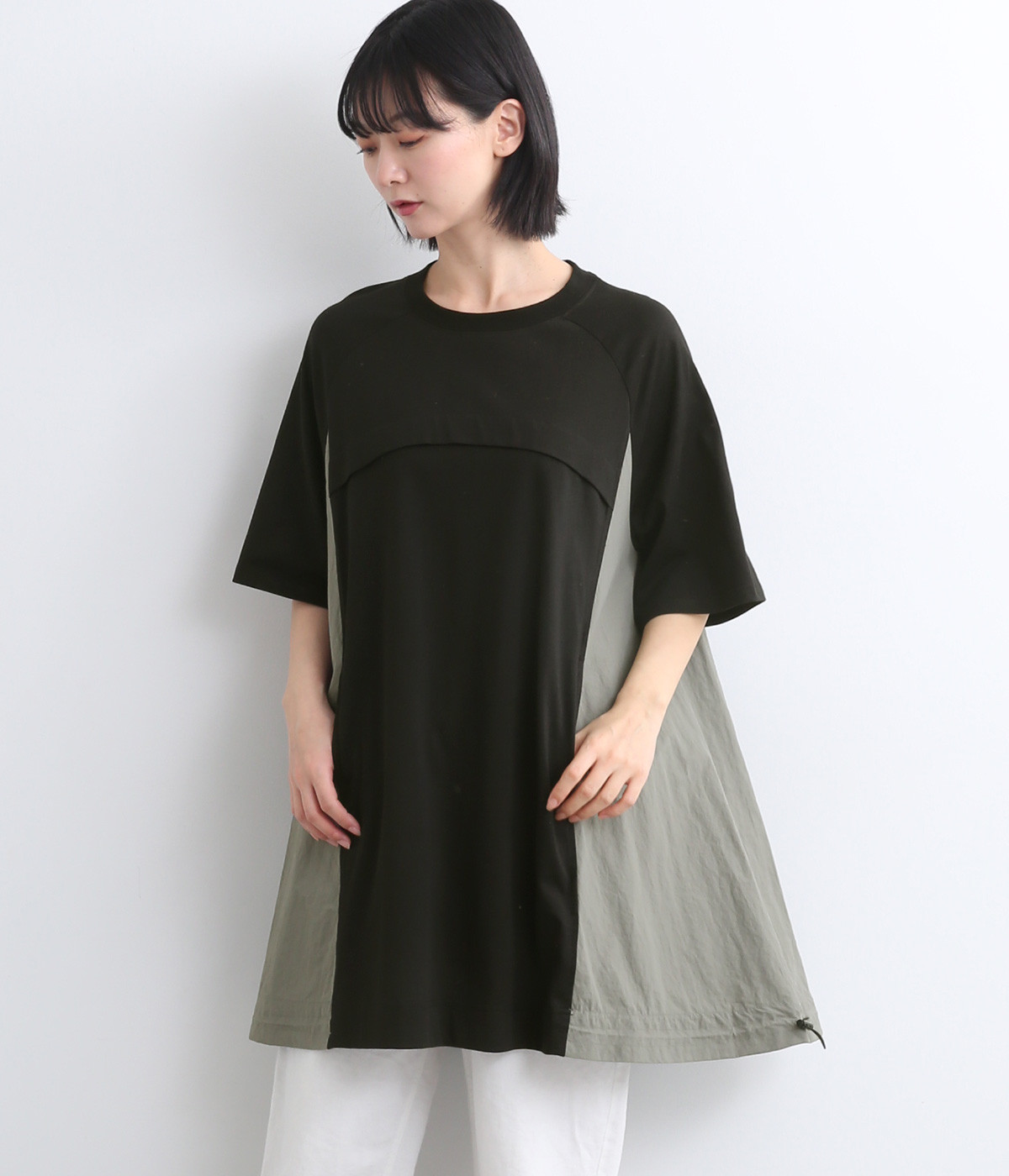 異素材切替 ドロストチュニック(クロ-ONESIZE)