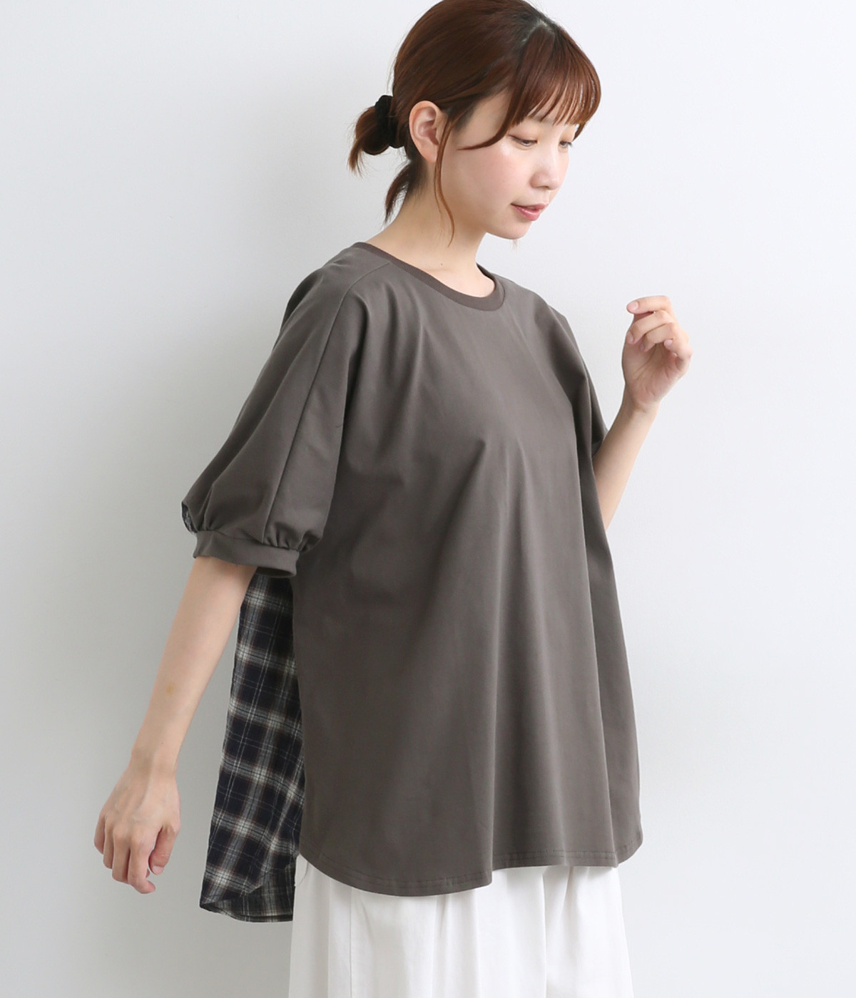 布帛切替ドルマンプルオーバー(チャコール×ネイビーチェック-ONESIZE)