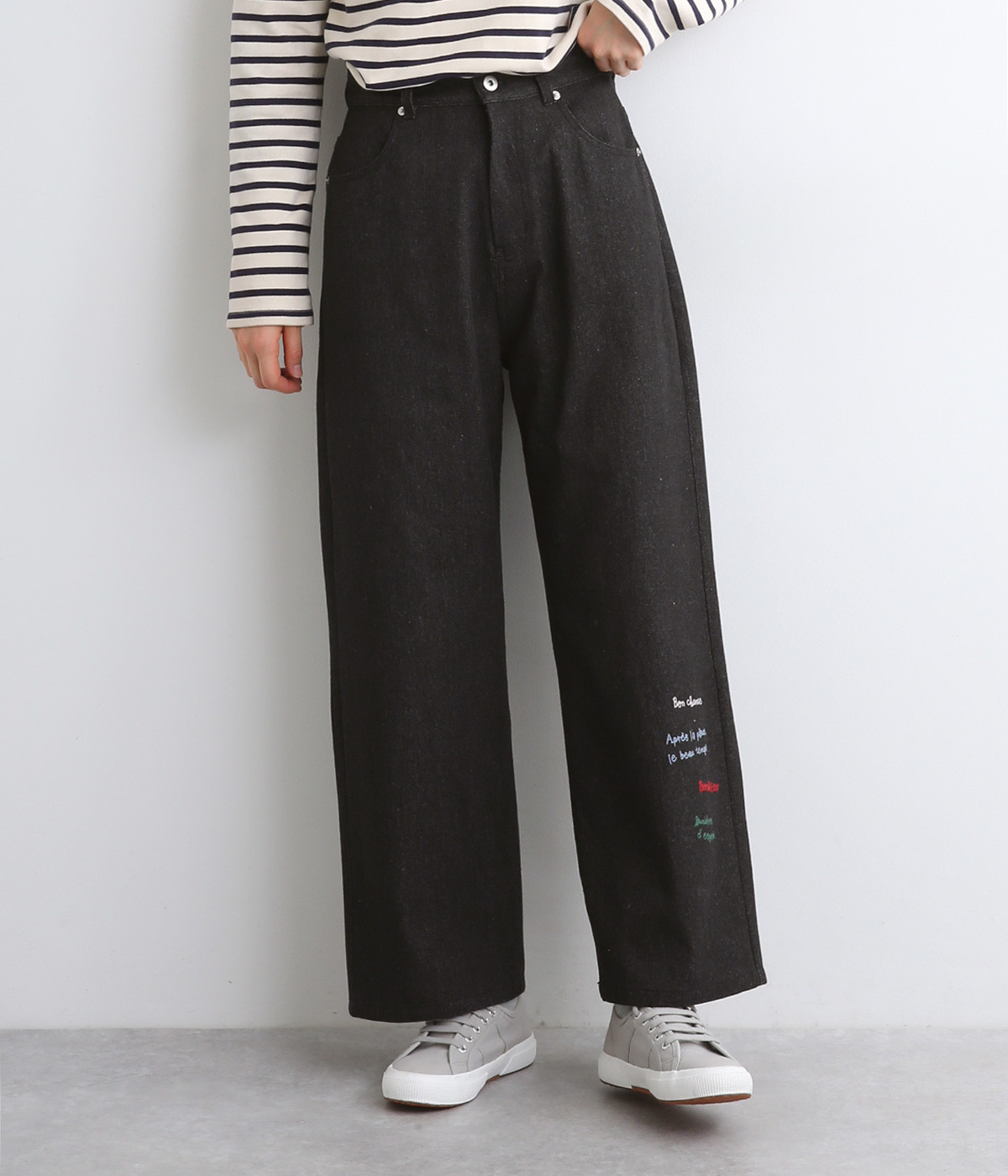 メッセージ刺繍ストレートパンツ(ブラック-ONESIZE)